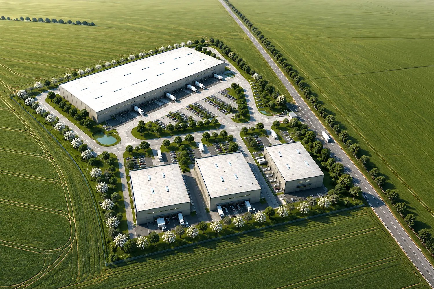 Vizualizace Business Park Soutice — detail hal a infrastruktury