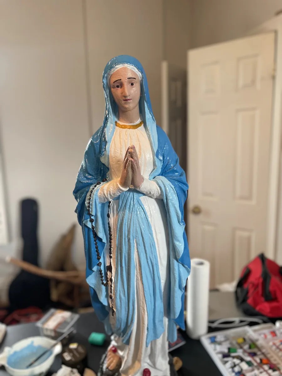 Completed Mary statue after custom restoration by Painted Your Way