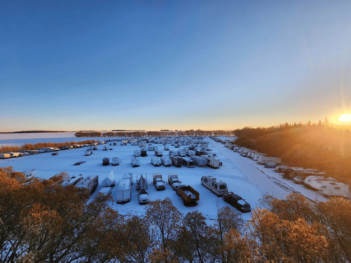 RV storage facility in autumn season