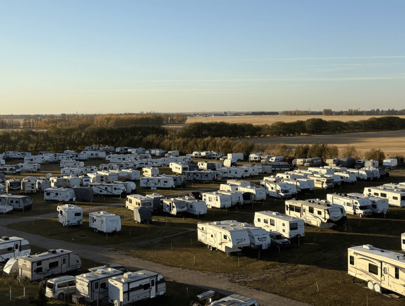 Aerial view of No Prob-Llama RV Storage facility with multiple RVs parked in spacious lots