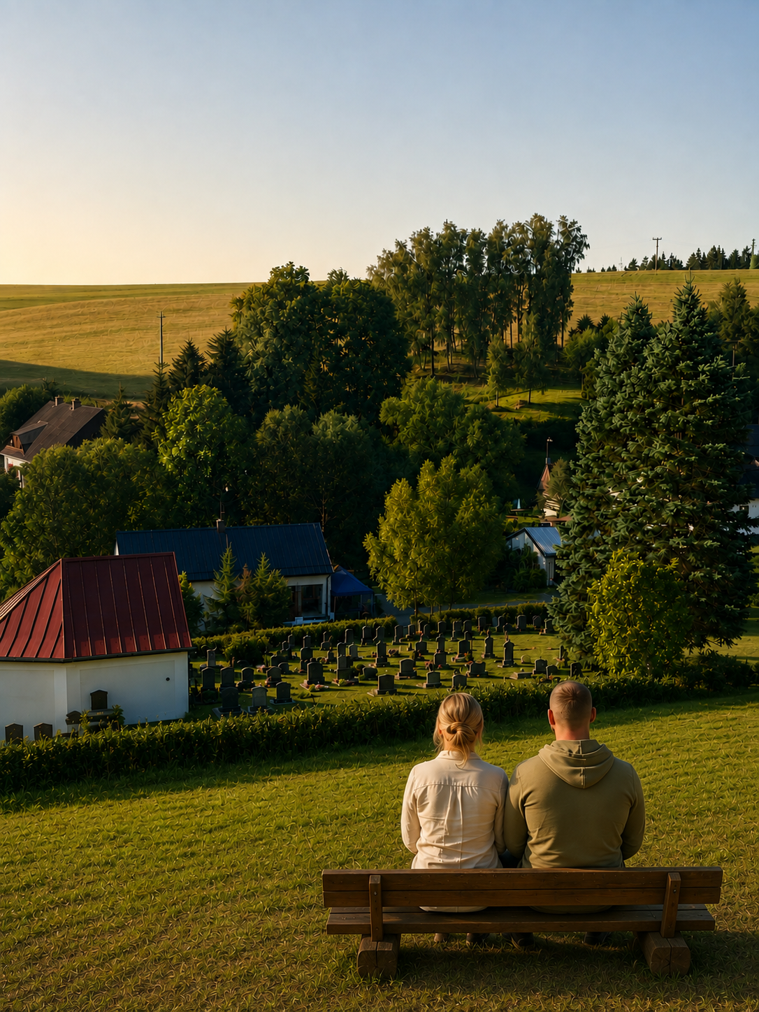 Fanda a Kristýna sedí na lavičce nad hřbitovem v Jižních Čechách