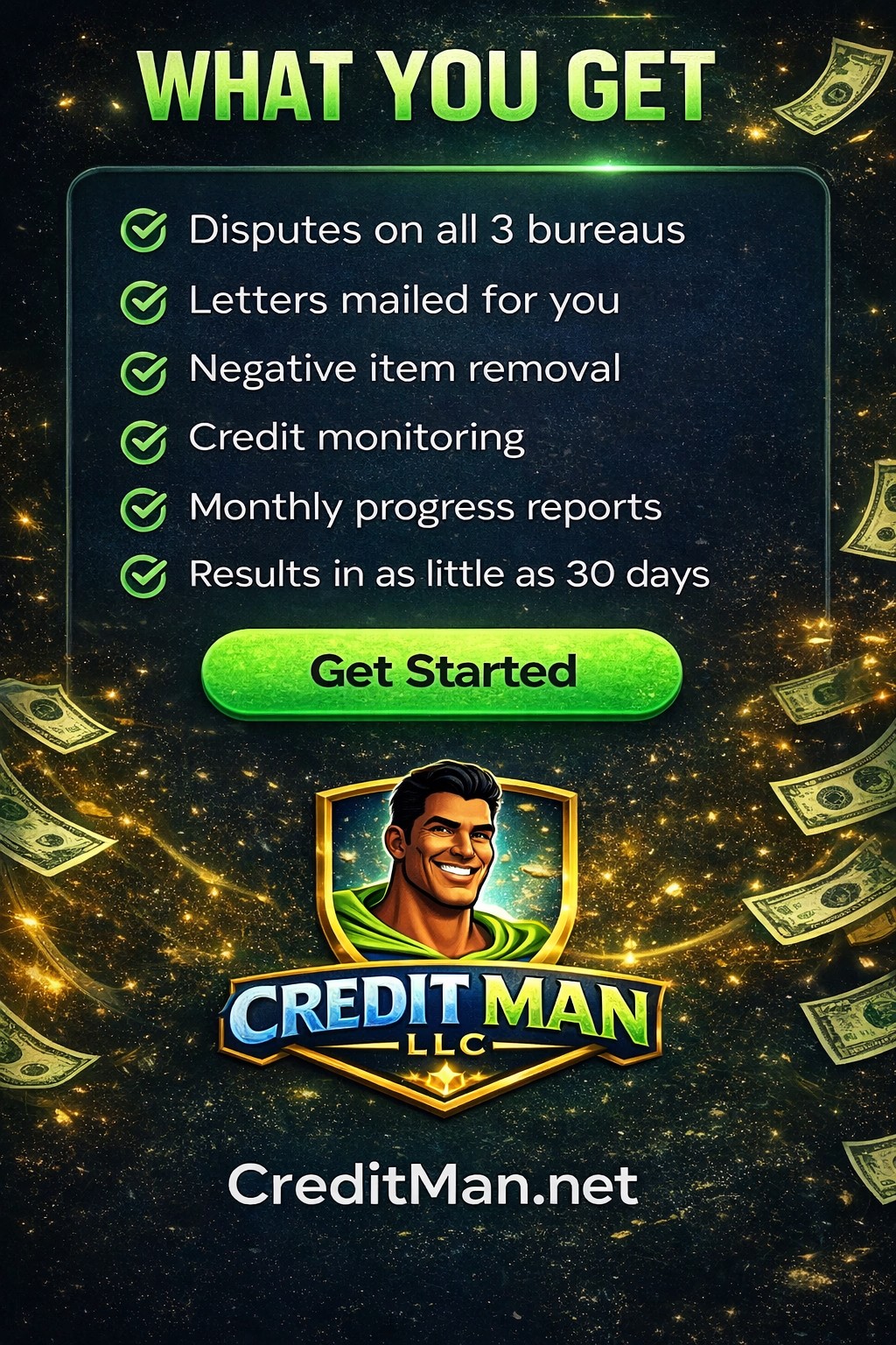 What you get with Credit Man LLC - disputes to all 3 bureaus, dispute letters, negative item removal, credit monitoring, monthly progress reports, results in as little as 30 days