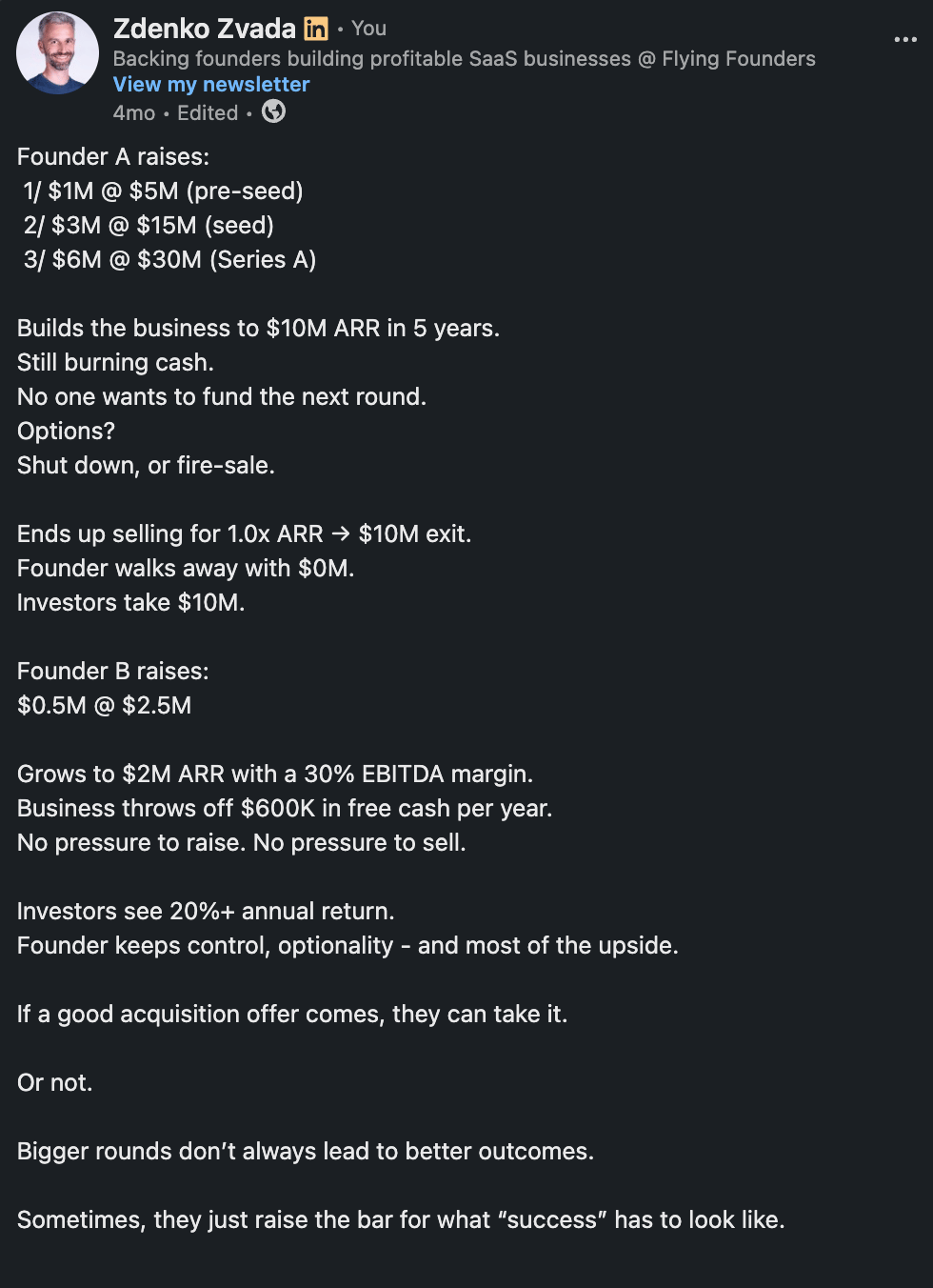 Zdenko Zvada LinkedIn post comparing Founder A and Founder B funding paths