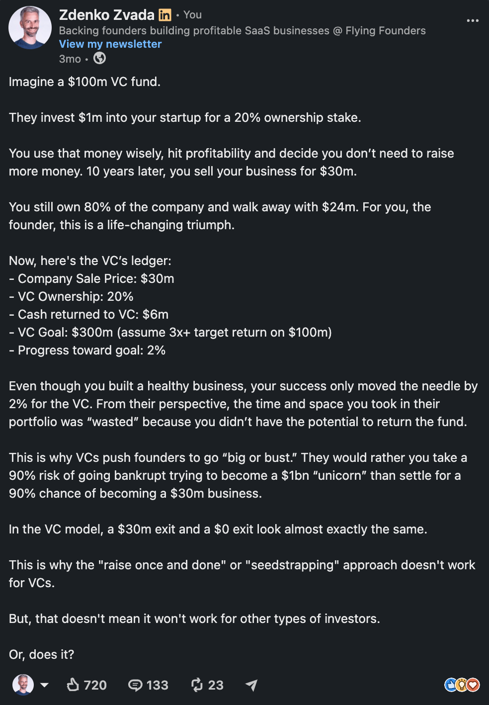Zdenko Zvada LinkedIn post about the $30m VC fund problem