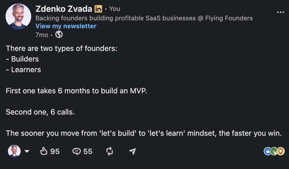 Zdenko Zvada LinkedIn post about two types of founders