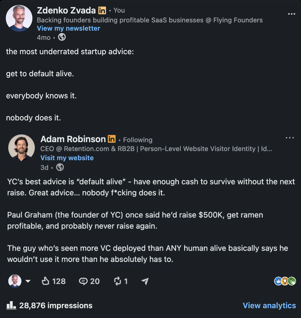 Zdenko Zvada LinkedIn post about default alive startup advice