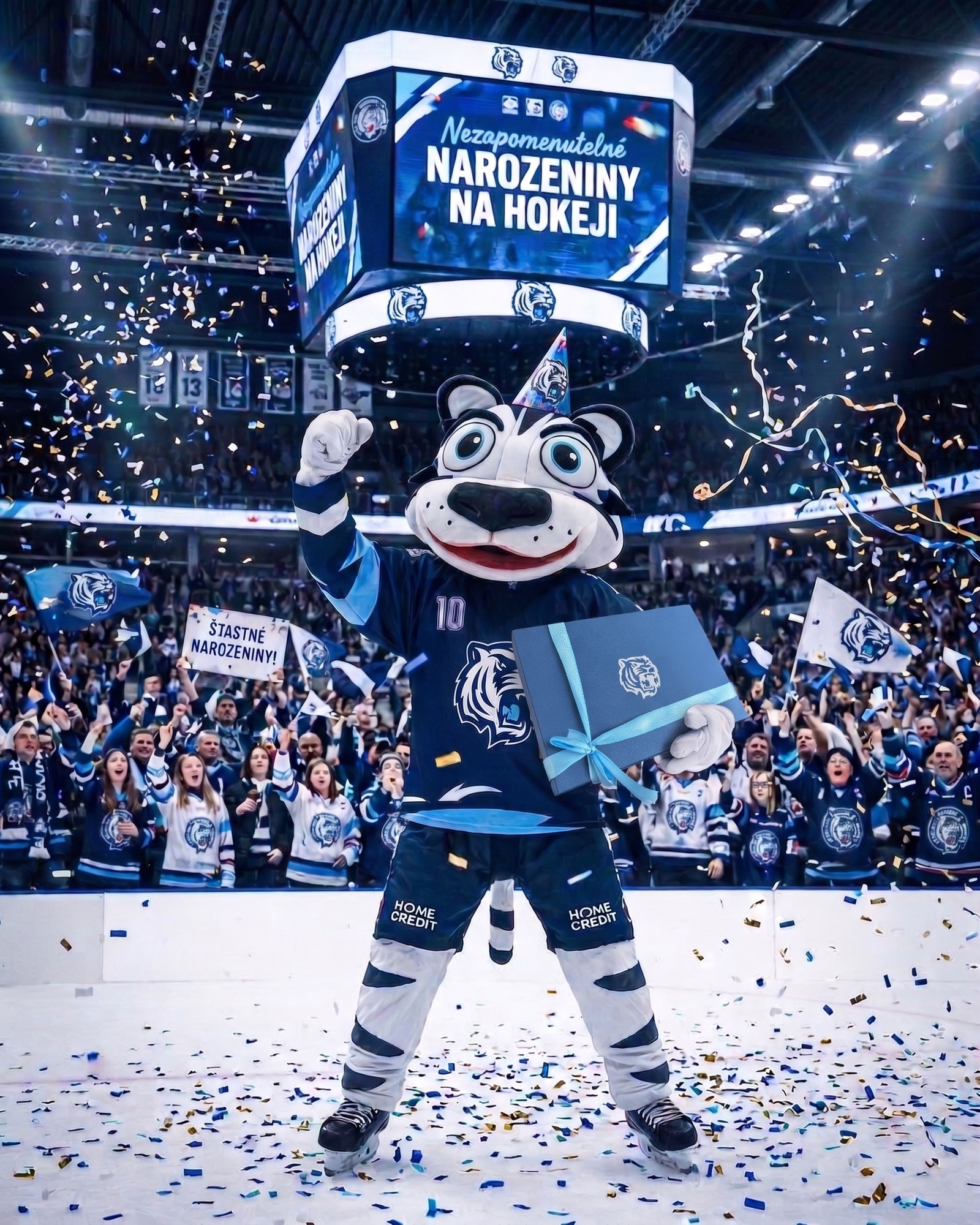 Tygří maskot s narozeninovým dárkem v aréně Bílých Tygrů