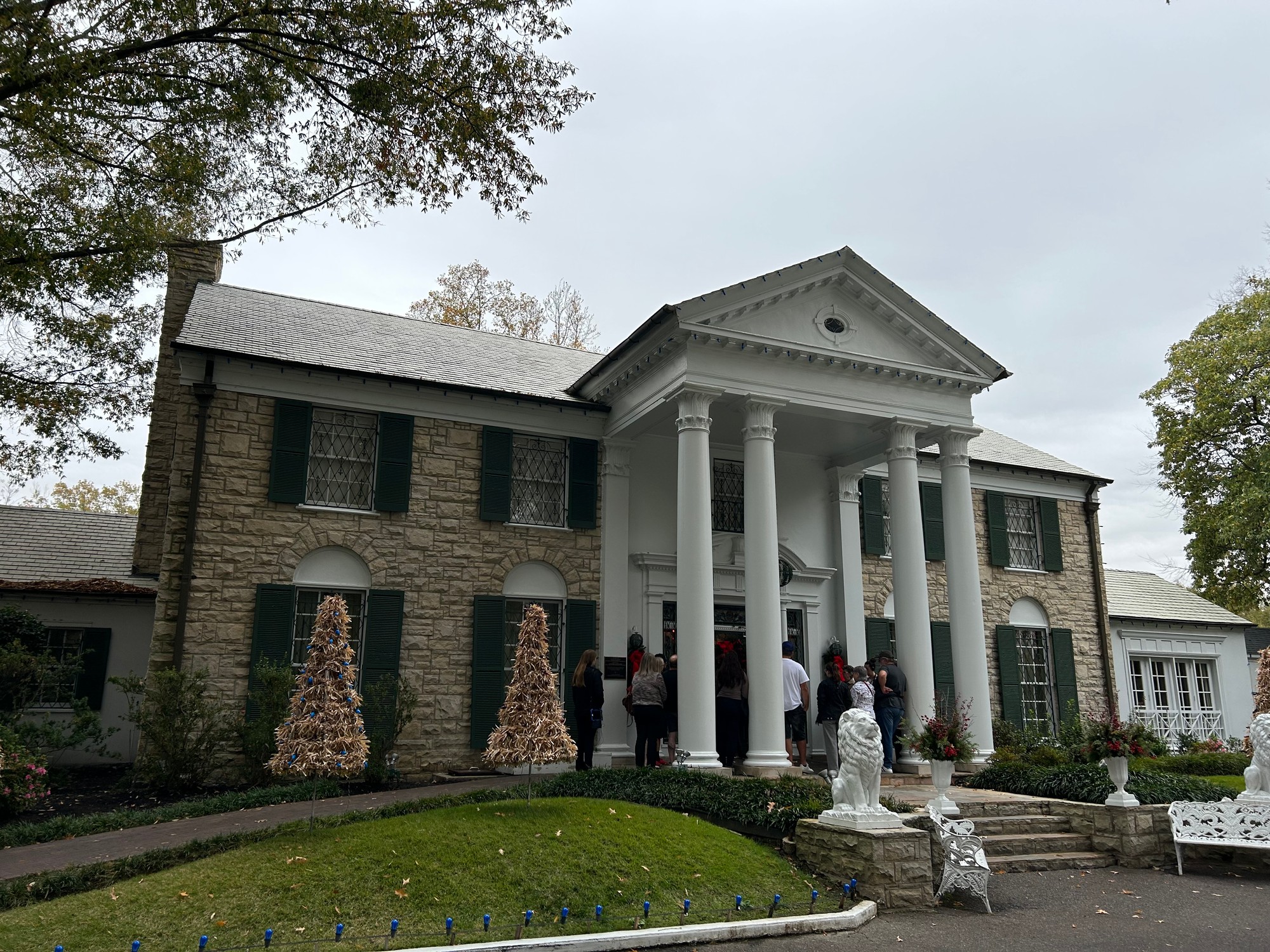 Graceland mansion with its white columns and stone facade