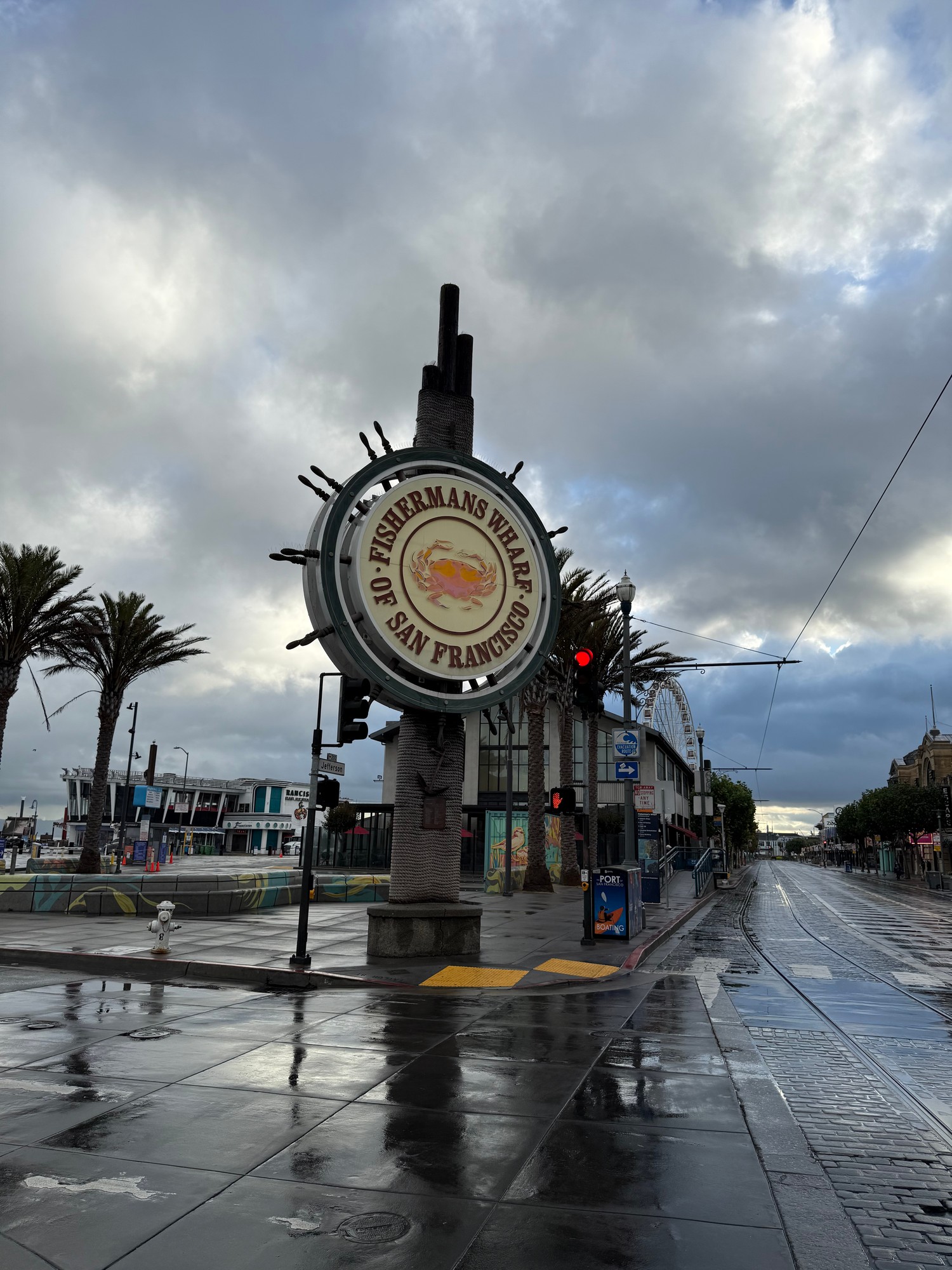 The Fisherman's Wharf sign on a wet street in San Francisco with palm trees and a stormy sky