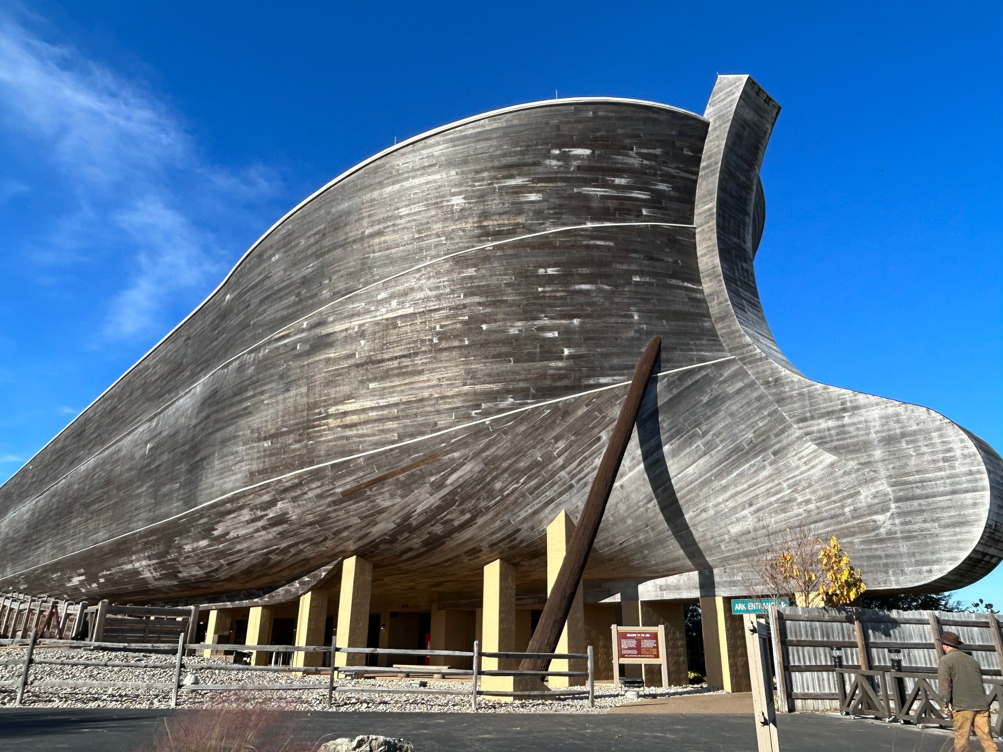 The towering bow of the Ark at the Ark Encounter, with the entrance ramp below