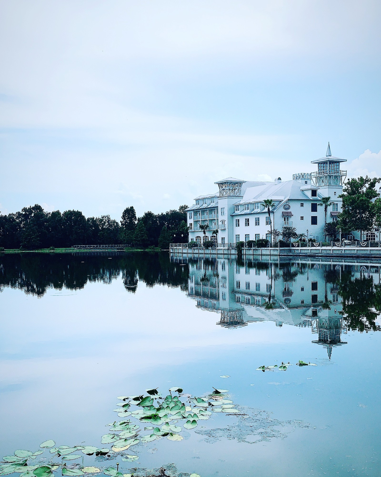 The Celebration Hotel reflected in the lake at Celebration, Florida