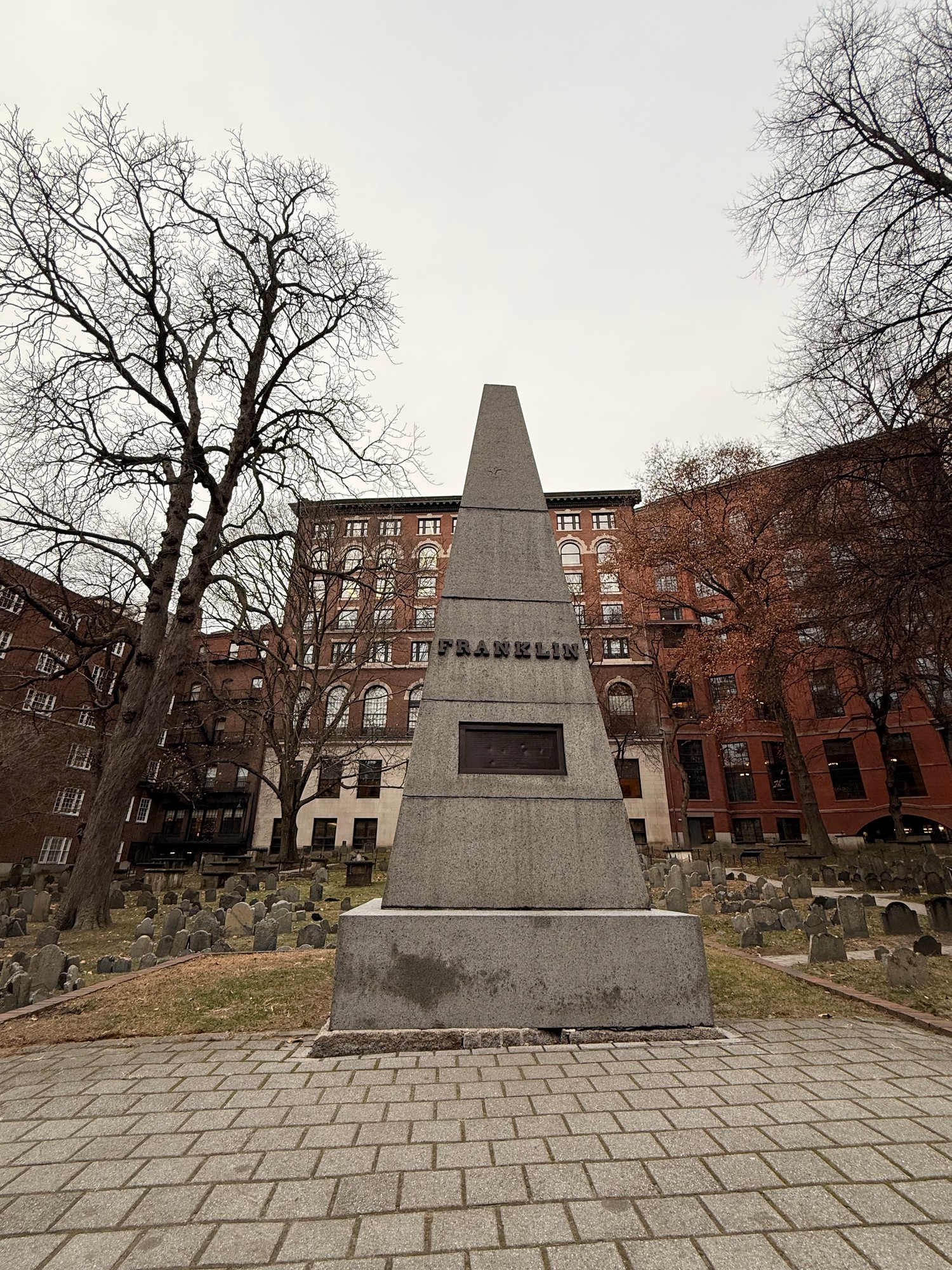 The Franklin memorial obelisk in the Granary Burying Ground, Boston