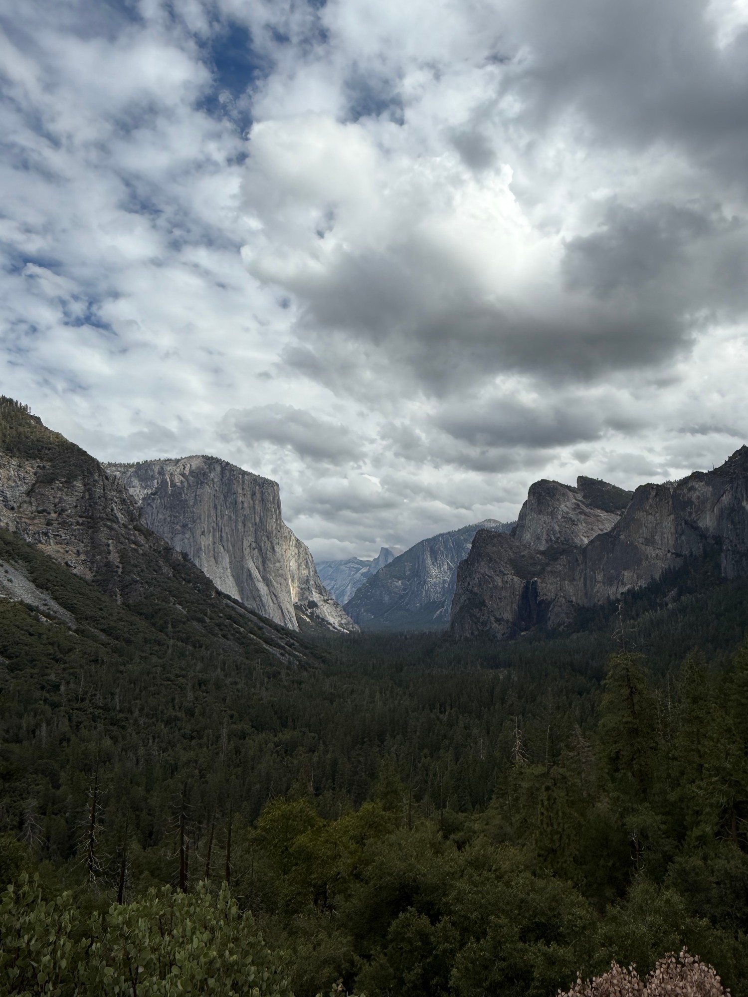 Yosemite Valley from the Tunnel View overlook, with El Capitan on the left and Bridalveil Fall on the right