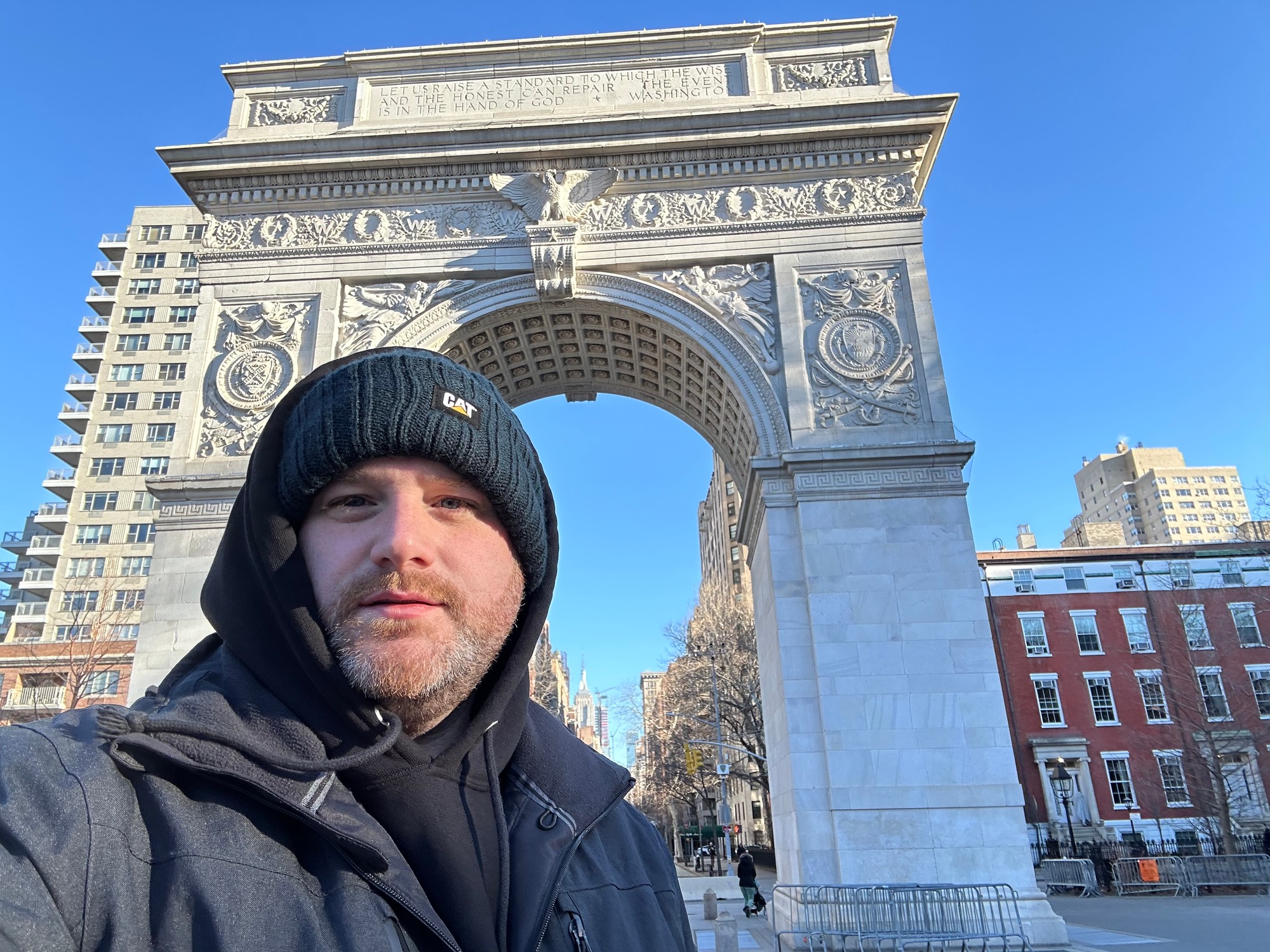 The Washington Square Arch in Greenwich Village on a clear winter day