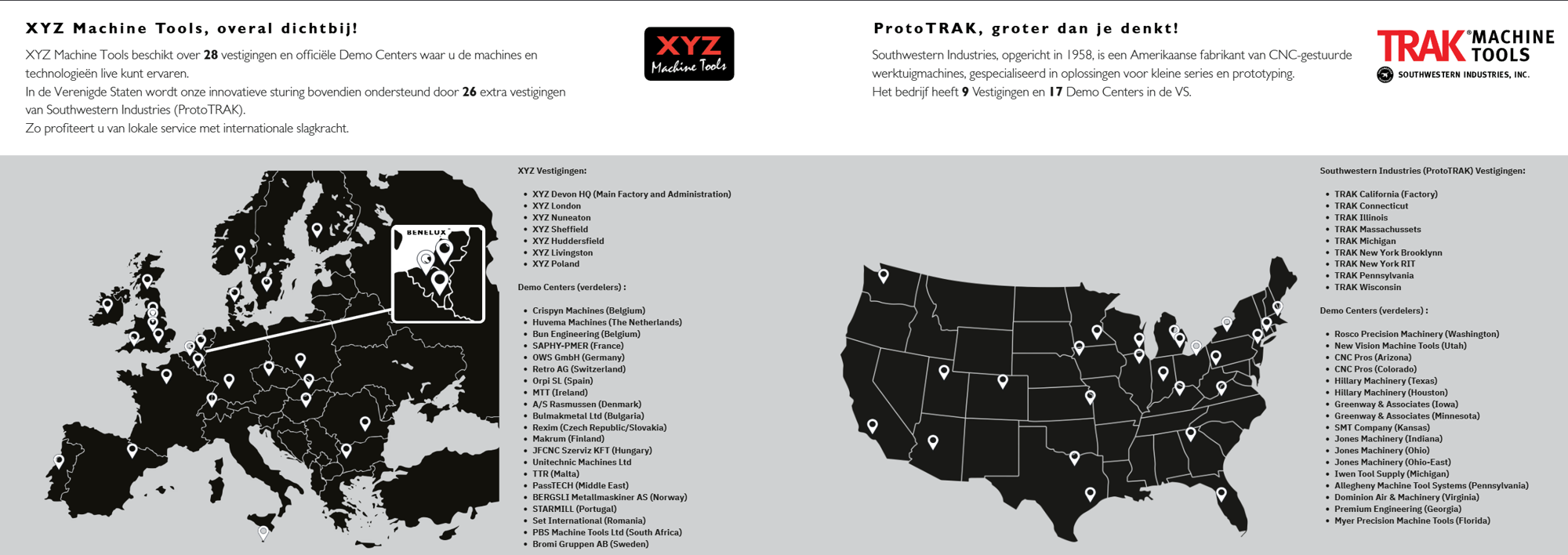 XYZ Machine Tools en ProtoTRAK vestigingen wereldwijd — Europa en VS kaart