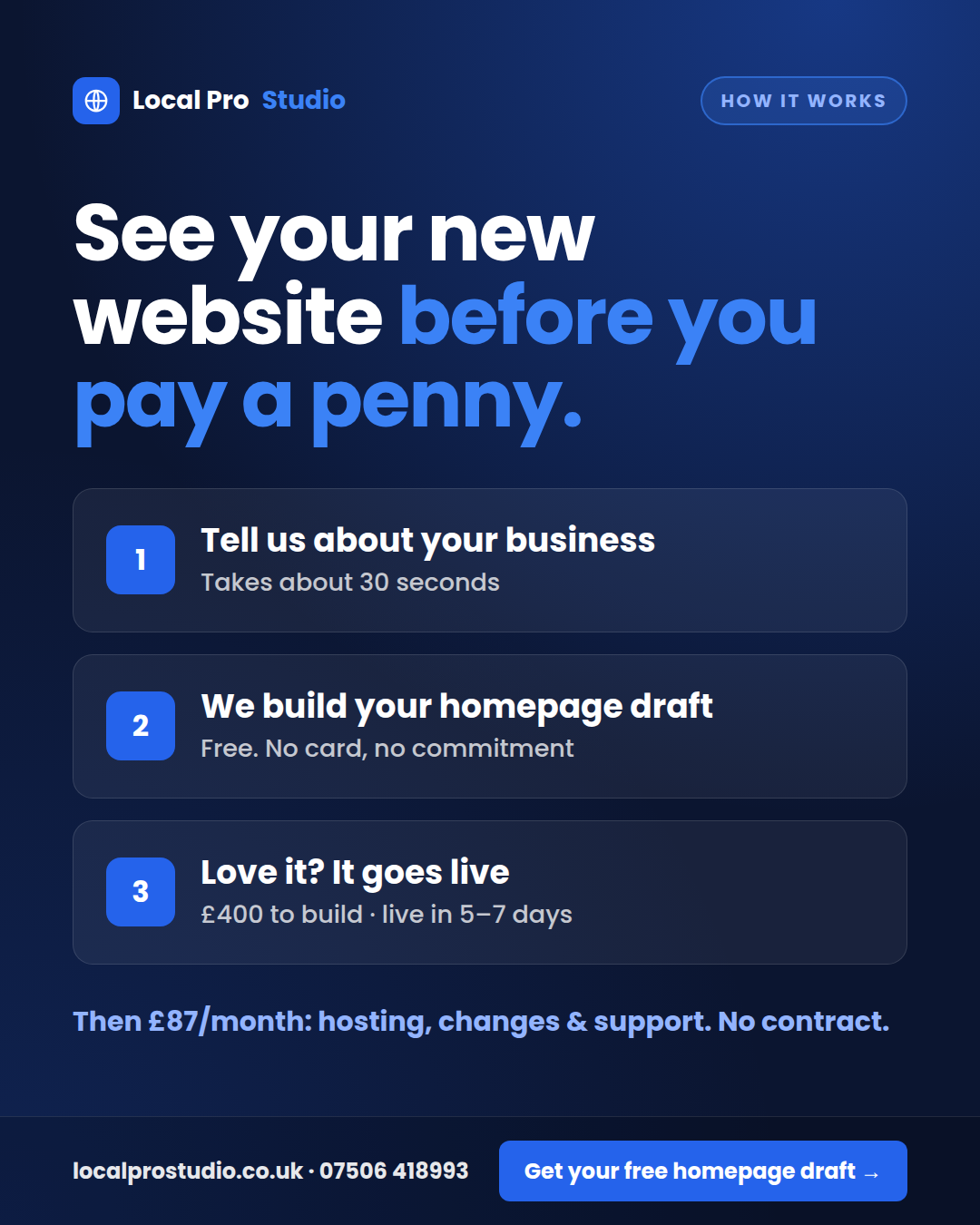 How it works: Local Pro Studio builds your homepage draft free before you pay anything