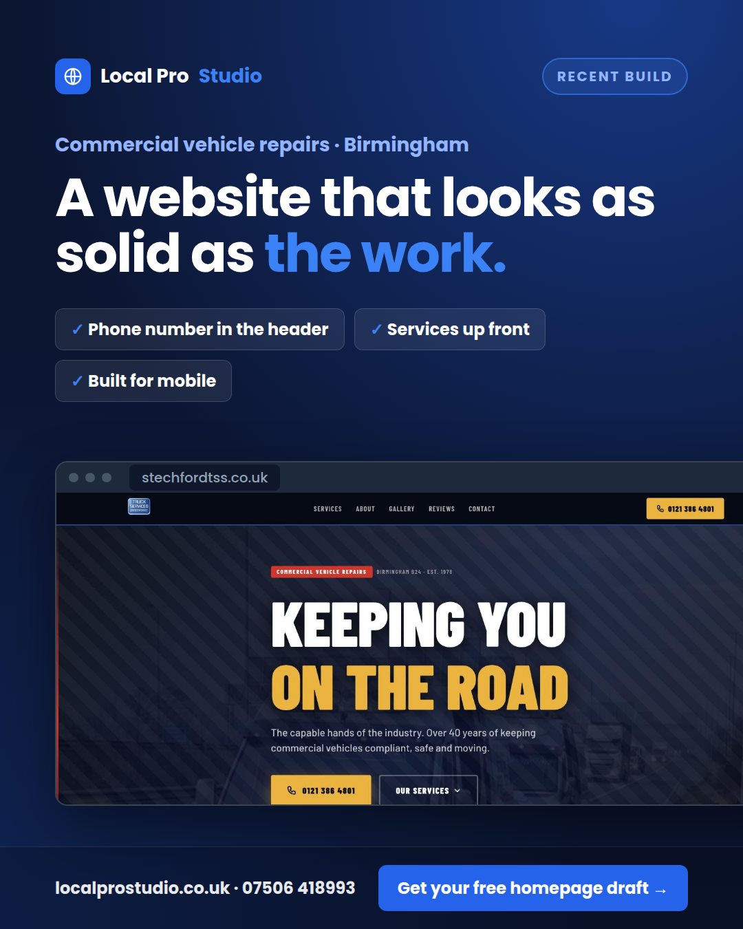 Stechford TSS commercial vehicle repair website built by Local Pro Studio, shown on desktop and mobile