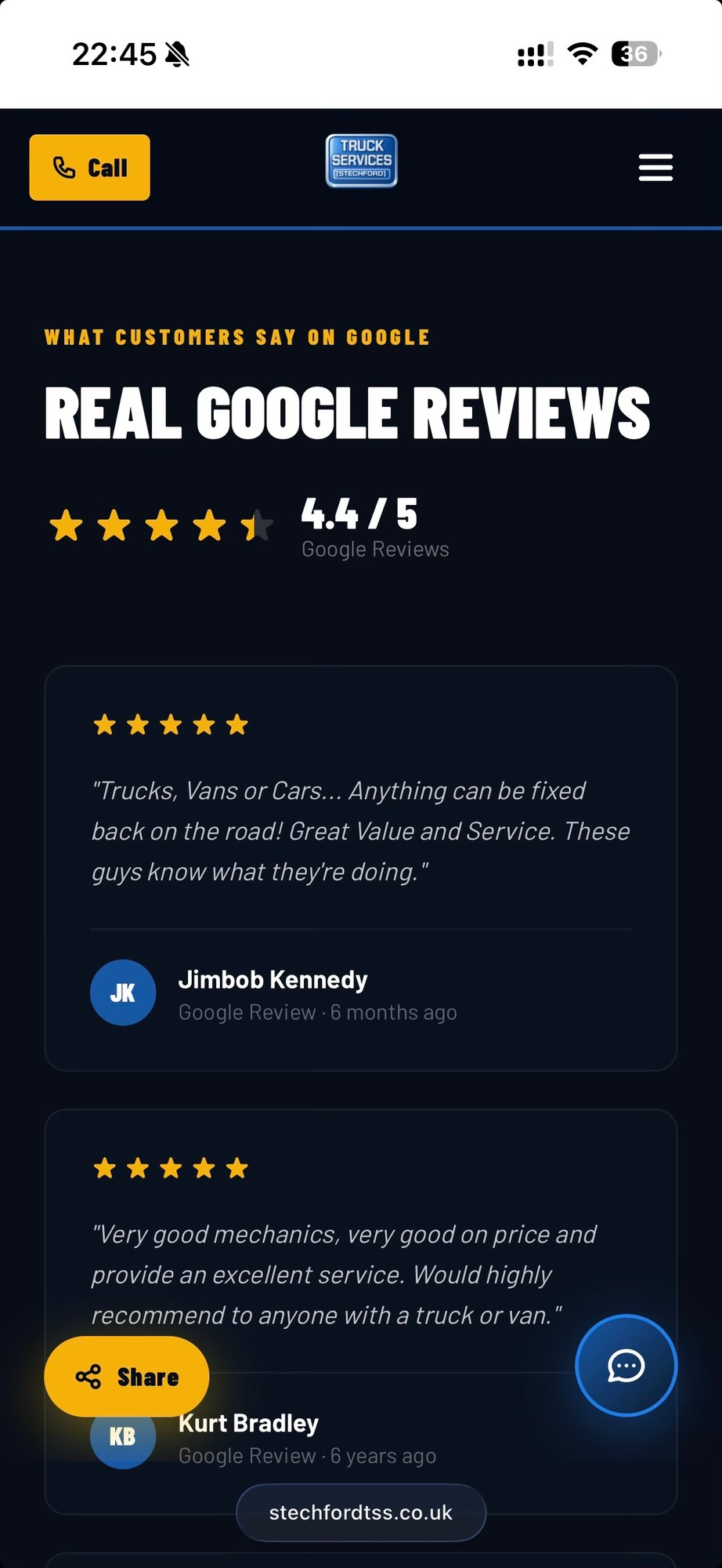 Stechford TSS mobile view — Google reviews