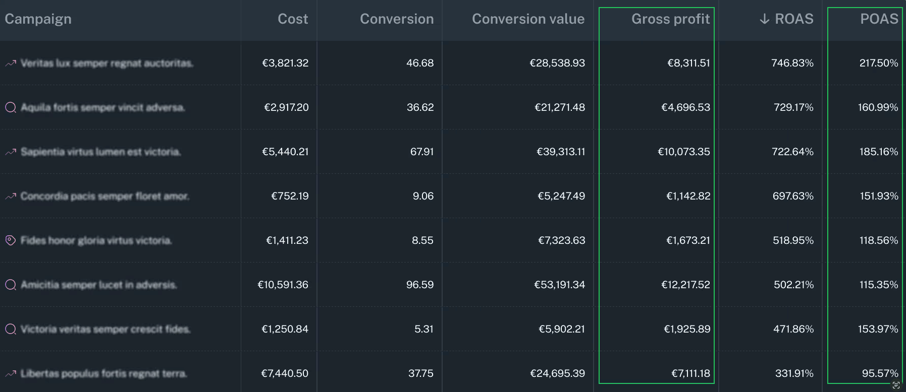 Google Ads tabulka kampaní s Gross profit a POAS sloupci