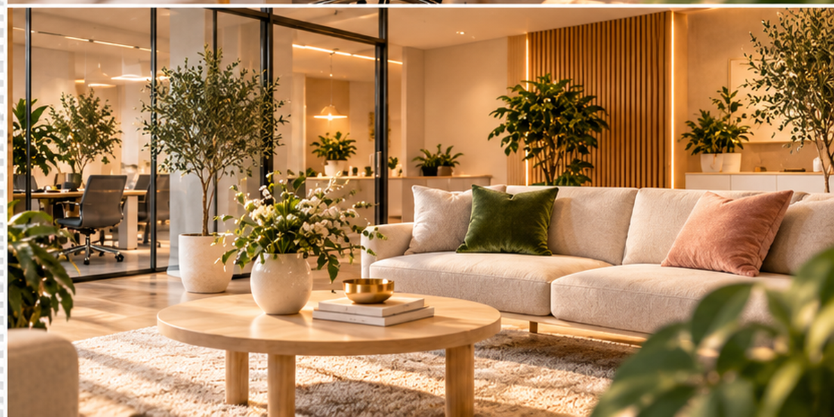 Hyggelig, lys skandinavisk kontorlounge med grå sofa, lyse træborde, grønne planter og blødt dagslys