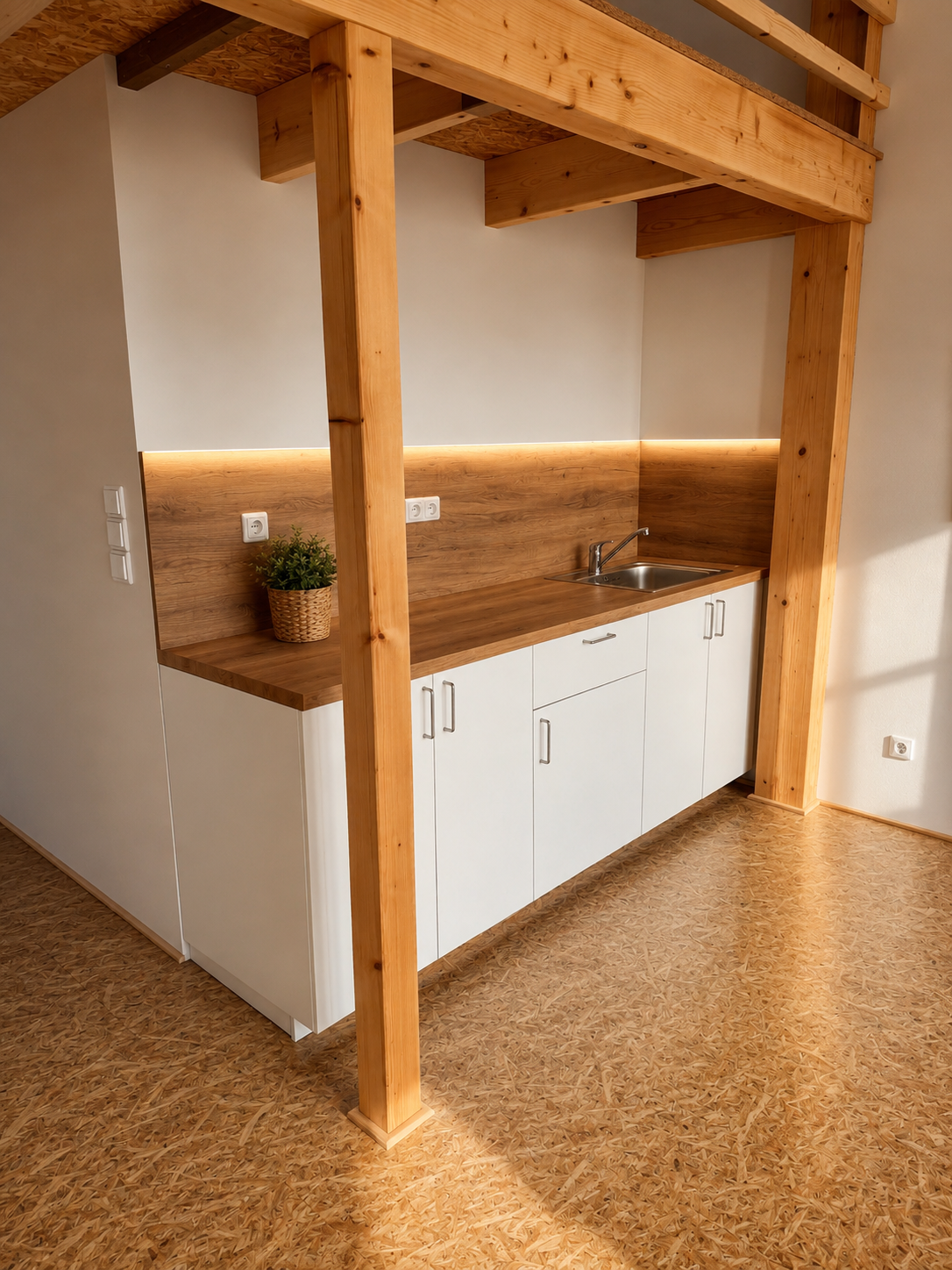Schodiště do mezipatra a klimatizační jednotka