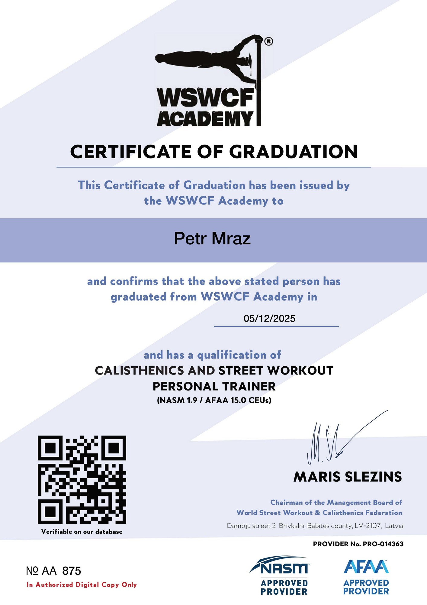 Certifikát WSWCF Academy pro Petra Mráze, trenéra kalisteniky a street workoutu