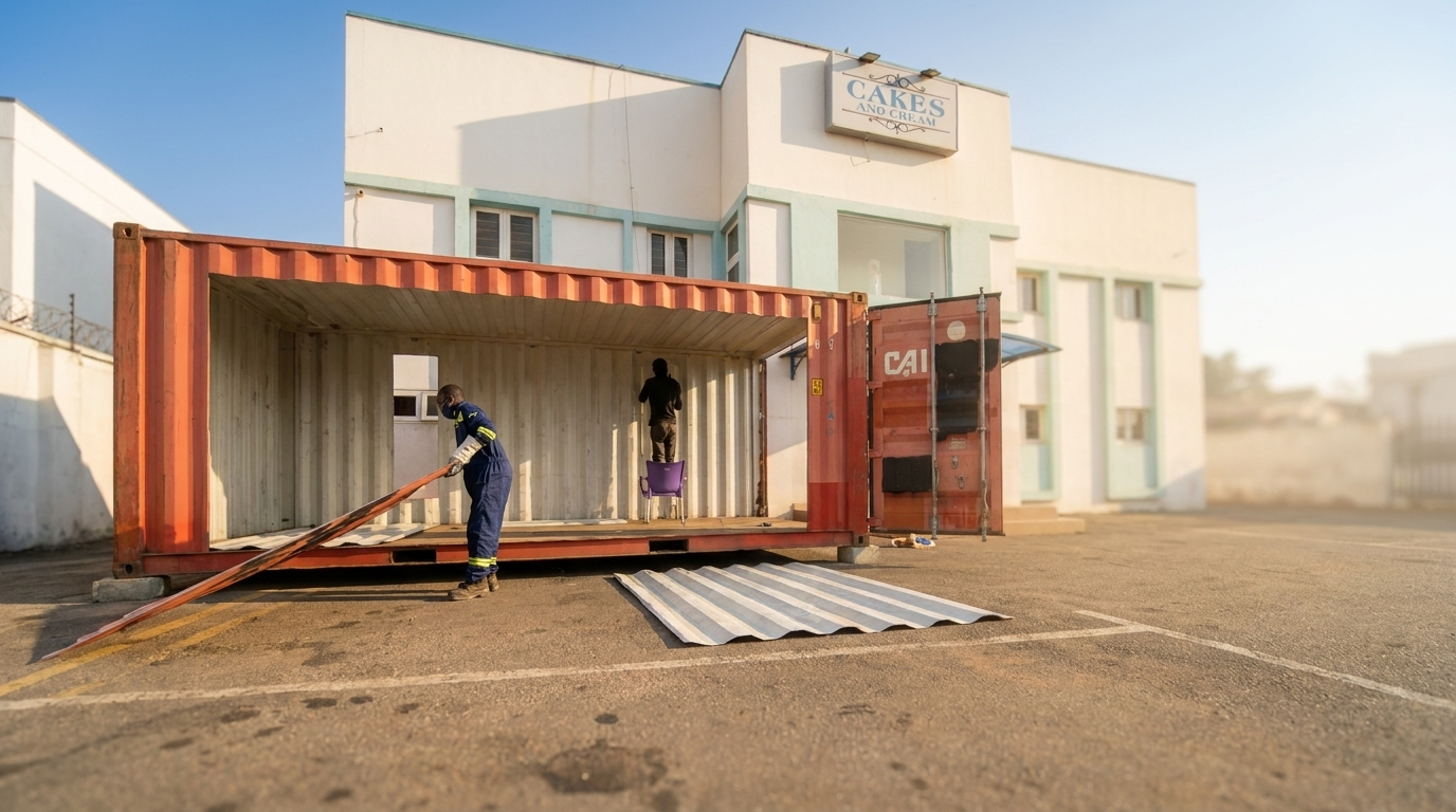 Fabricators cutting and removing a container's side panel during conversion