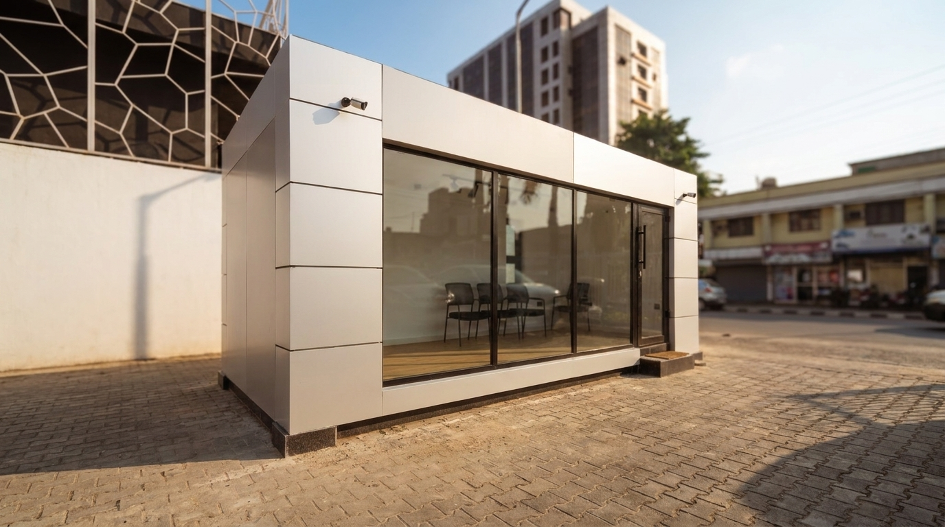 A converted 20-foot shipping container finished as a modern office space