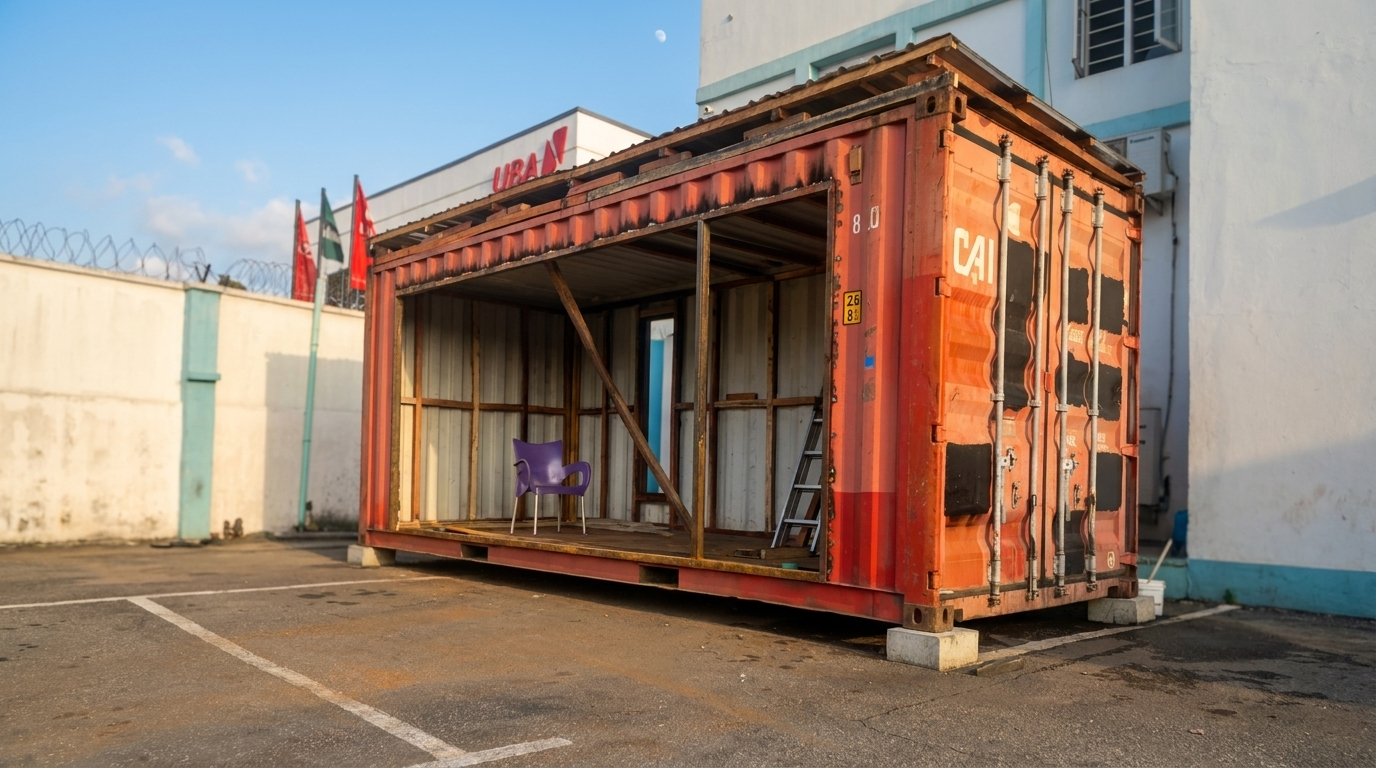 A 20-foot container with one side wall cut open, internal framing exposed during conversion