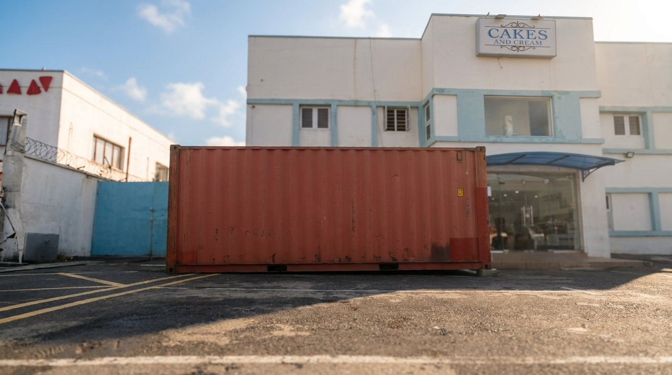 An unmodified 20-foot shipping container before conversion
