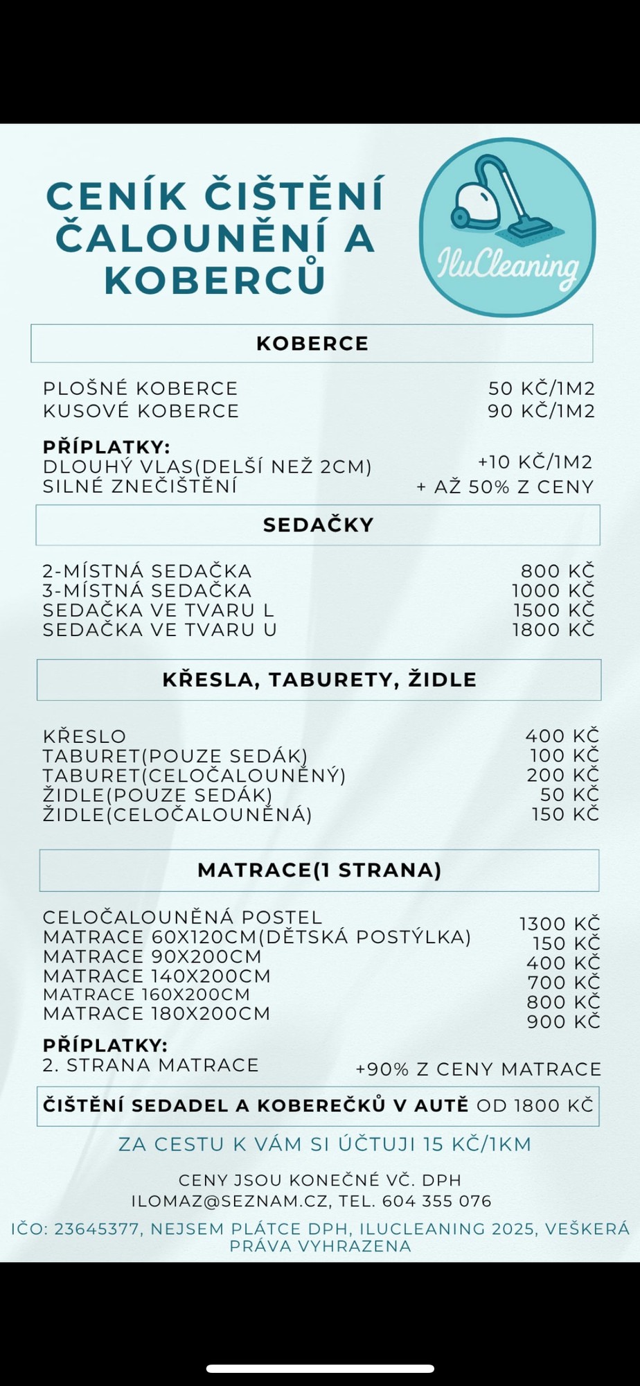 Ceník čištění čalounění a koberců IluCleaning