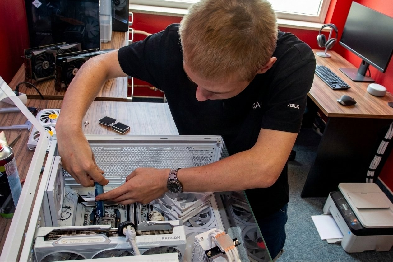 Technik Erelen sestavuje PC v dílně Olomouc