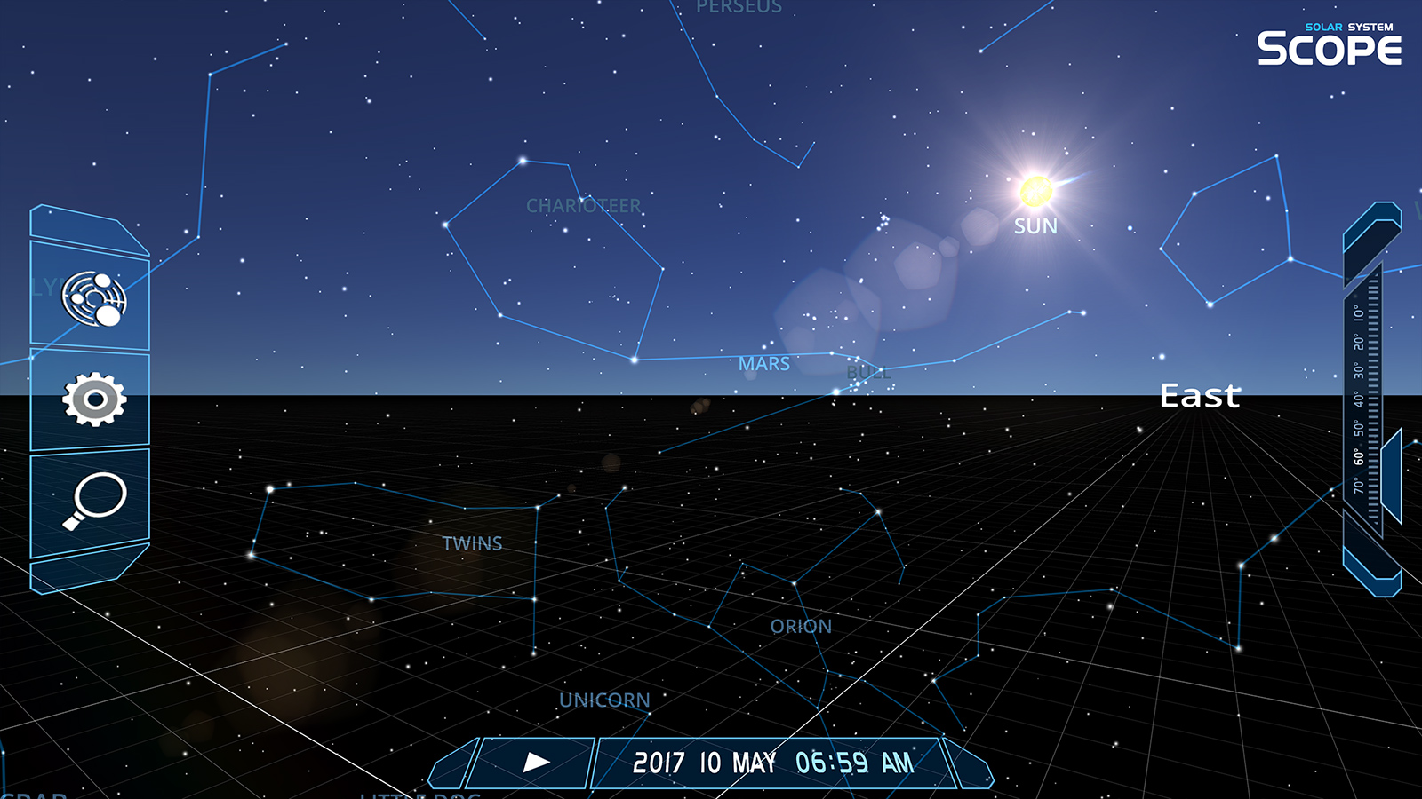 Režim noční oblohy a souhvězdí v aplikaci Solar System Scope