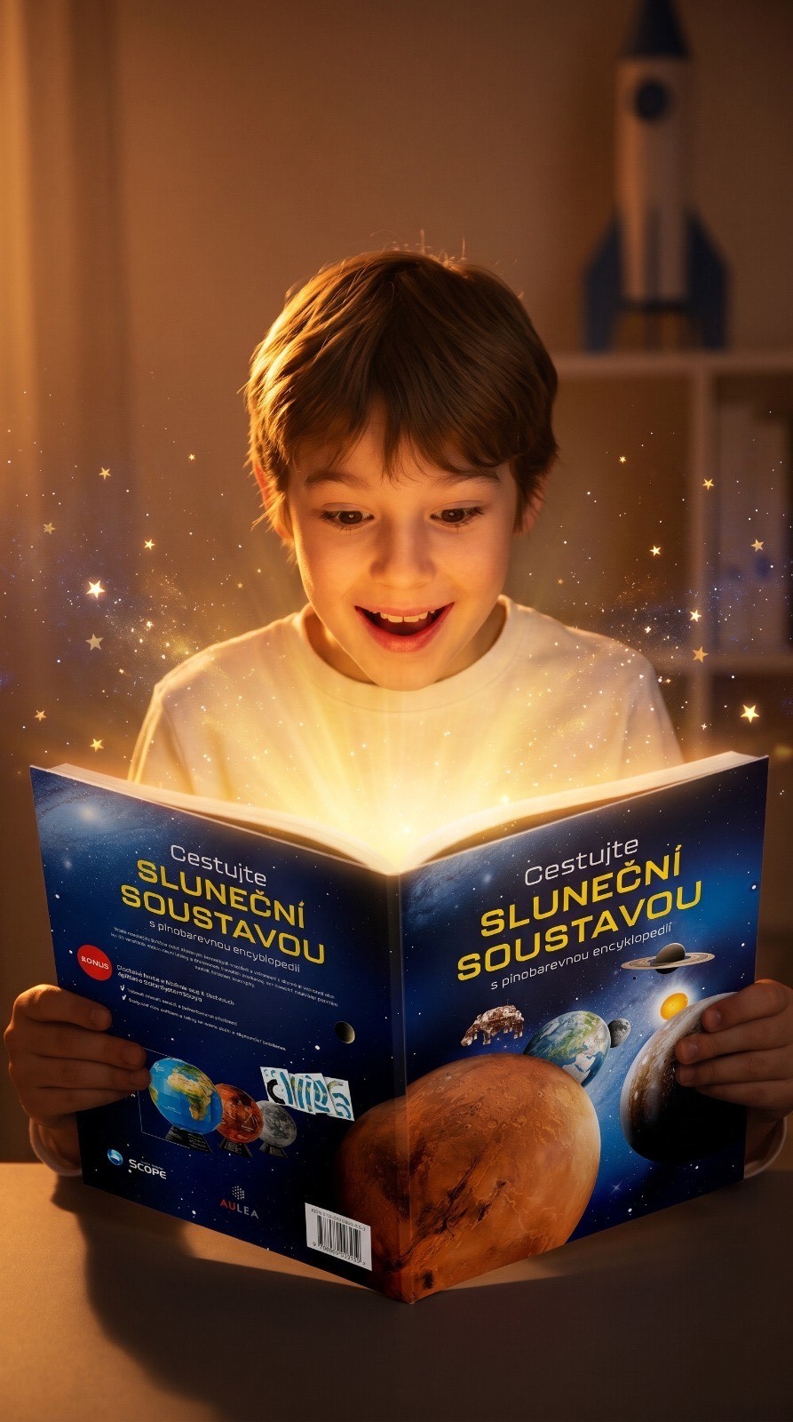 Dítě čte vesmírnou knihu v posteli