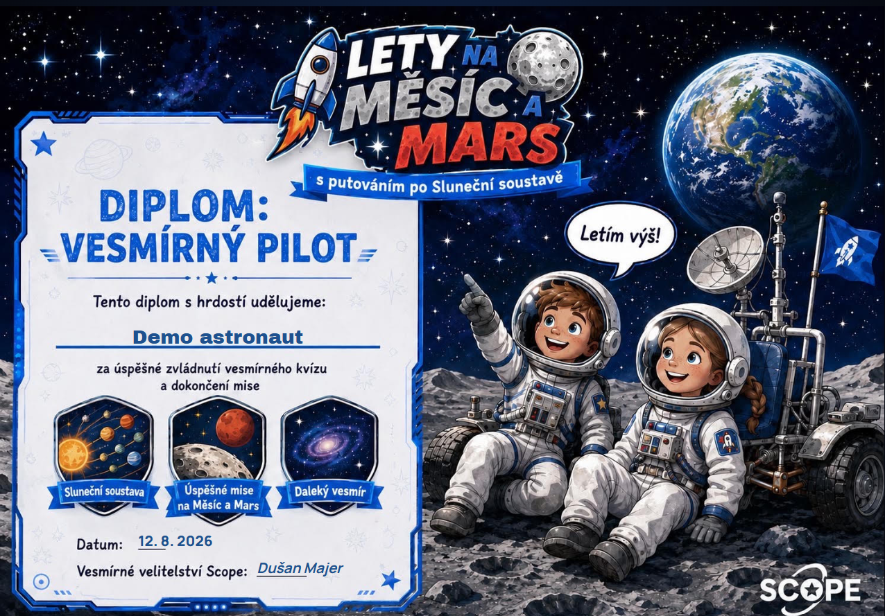Certifikát Vesmírný pilot získaný v aplikaci Space Explorer