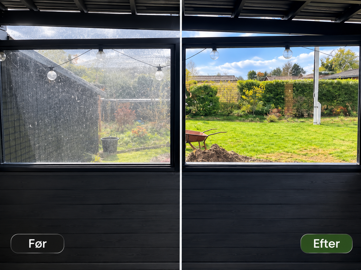 Overdækket terrasse før og efter rensning