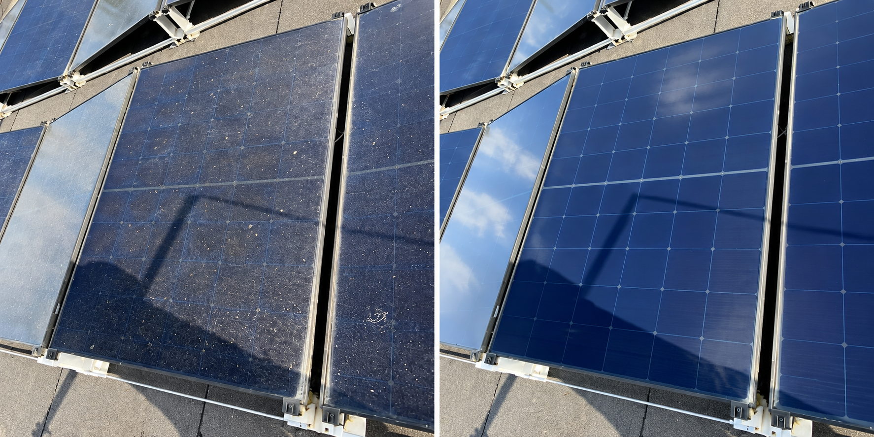 Solceller før og efter rensning