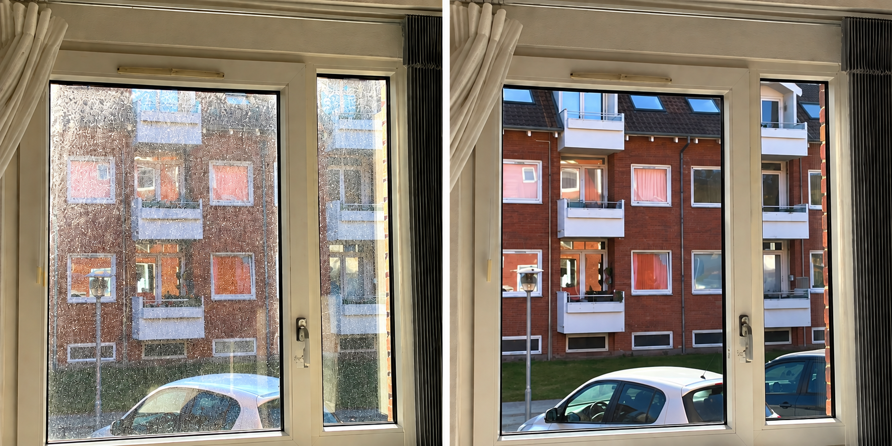 Vinduer i lejlighed før og efter rensning