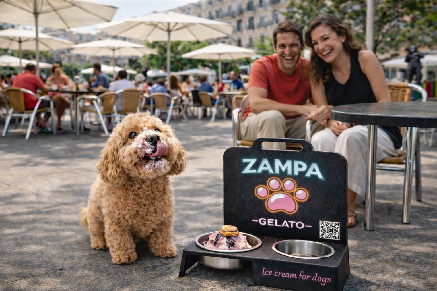 Perro disfrutando de Zampa Gelato en la terraza de un bar pet-friendly
