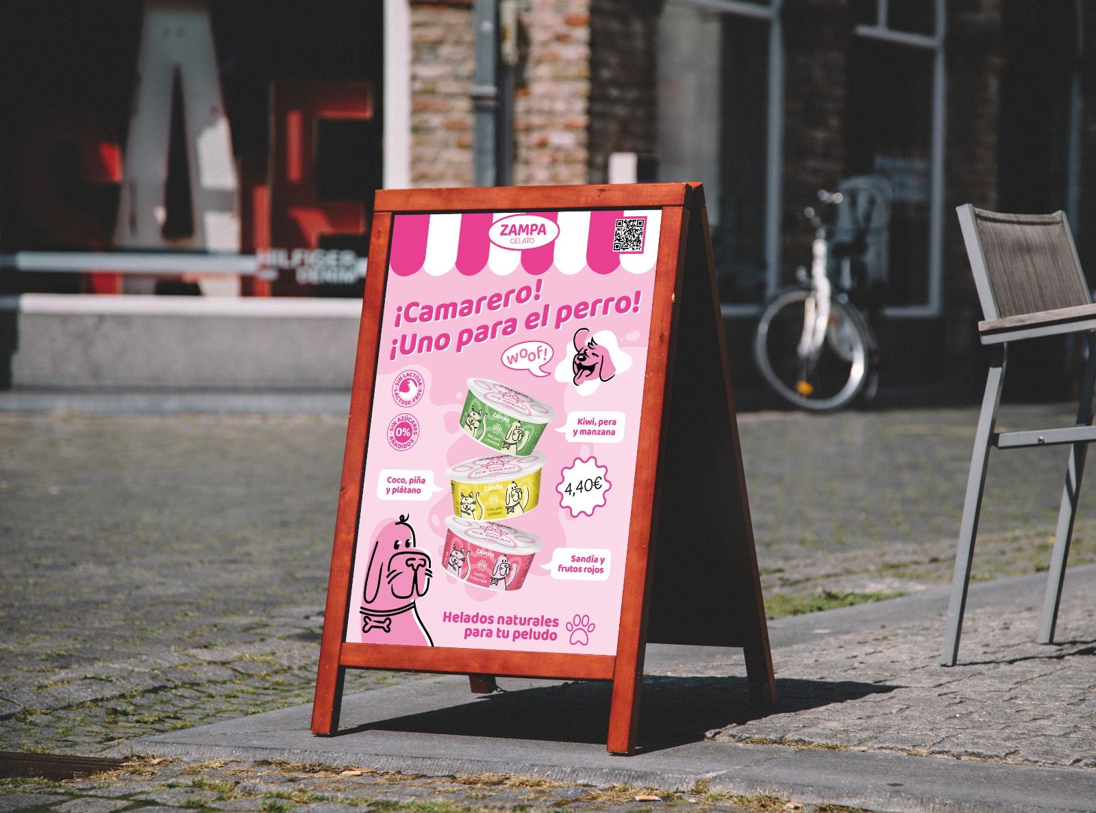 Caballete Zampa Gelato en la puerta de un bar — ¡Camarero, uno para el perro!