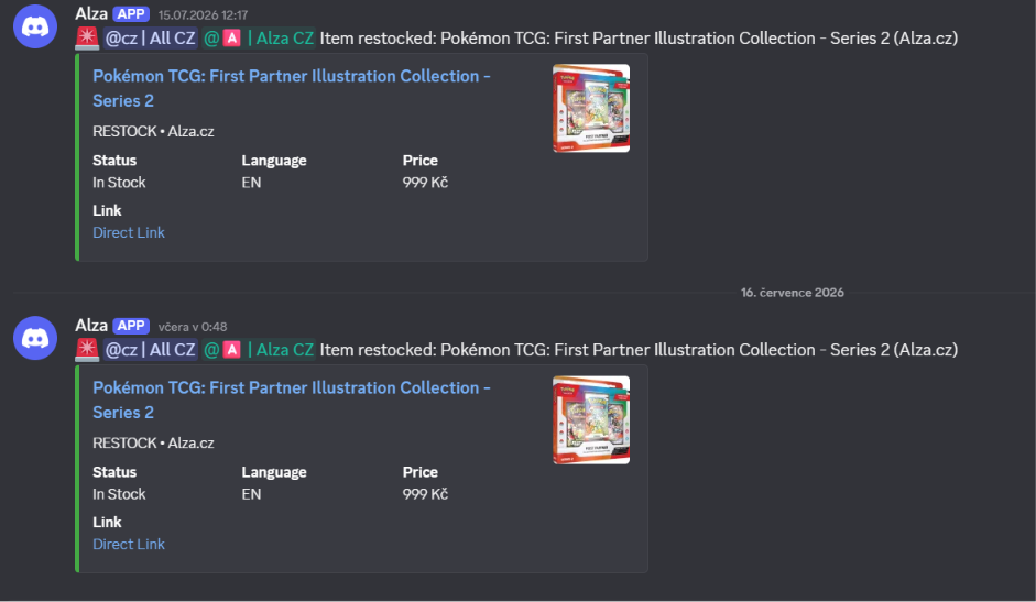Ukázka Discord restock notifikace