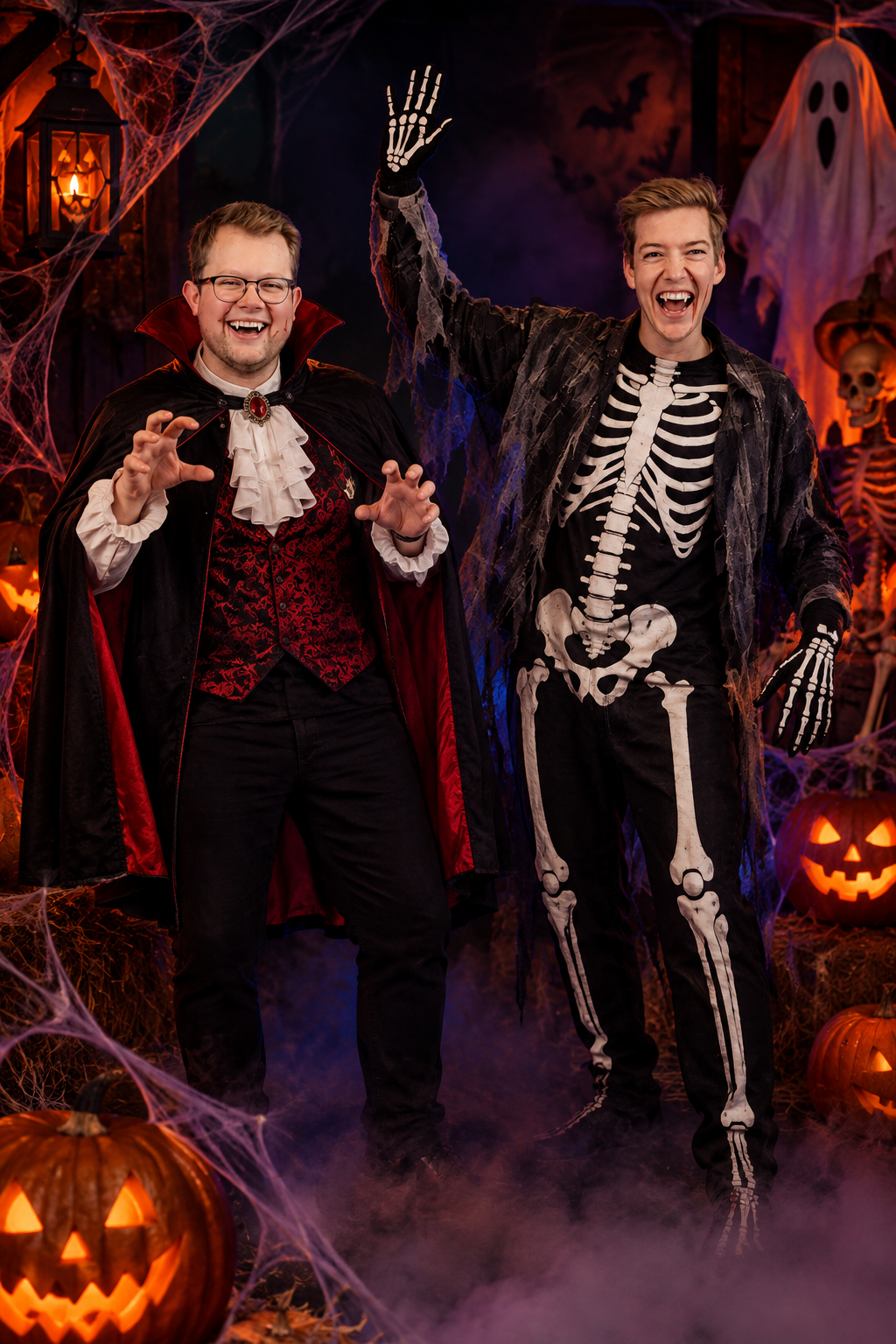 Vrolijke vampier en skelet lachen in de Halloweenmist tussen pompoenen