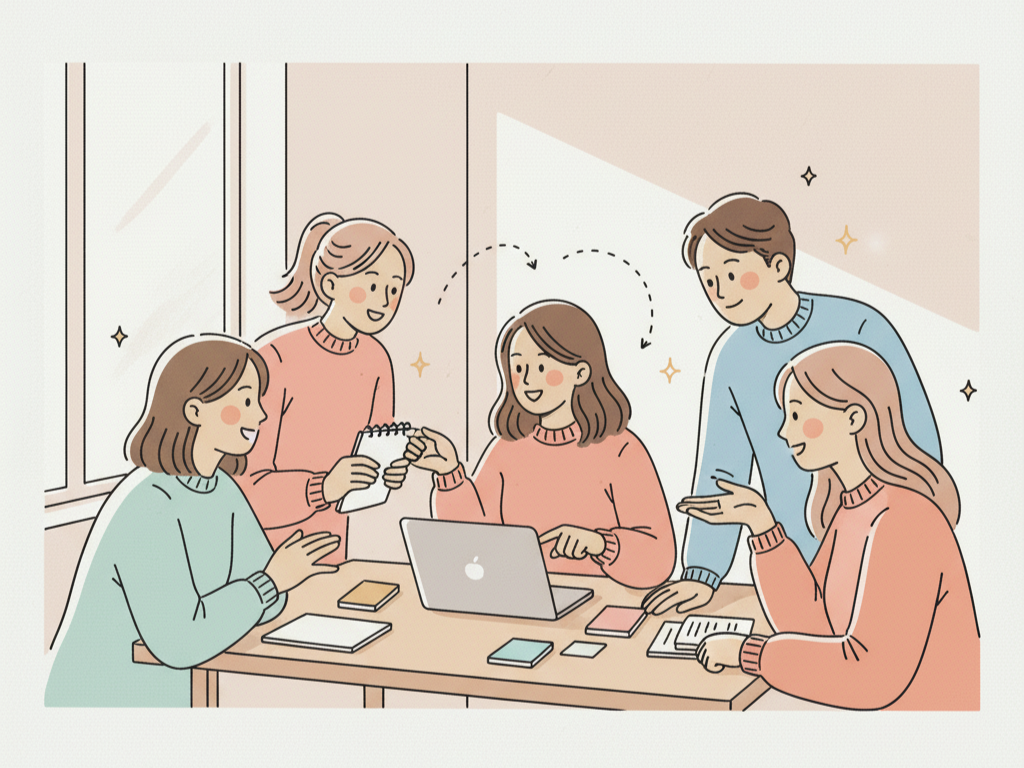 Three professionals collaborating on UX design projects with laptops and wireframes on a wooden table