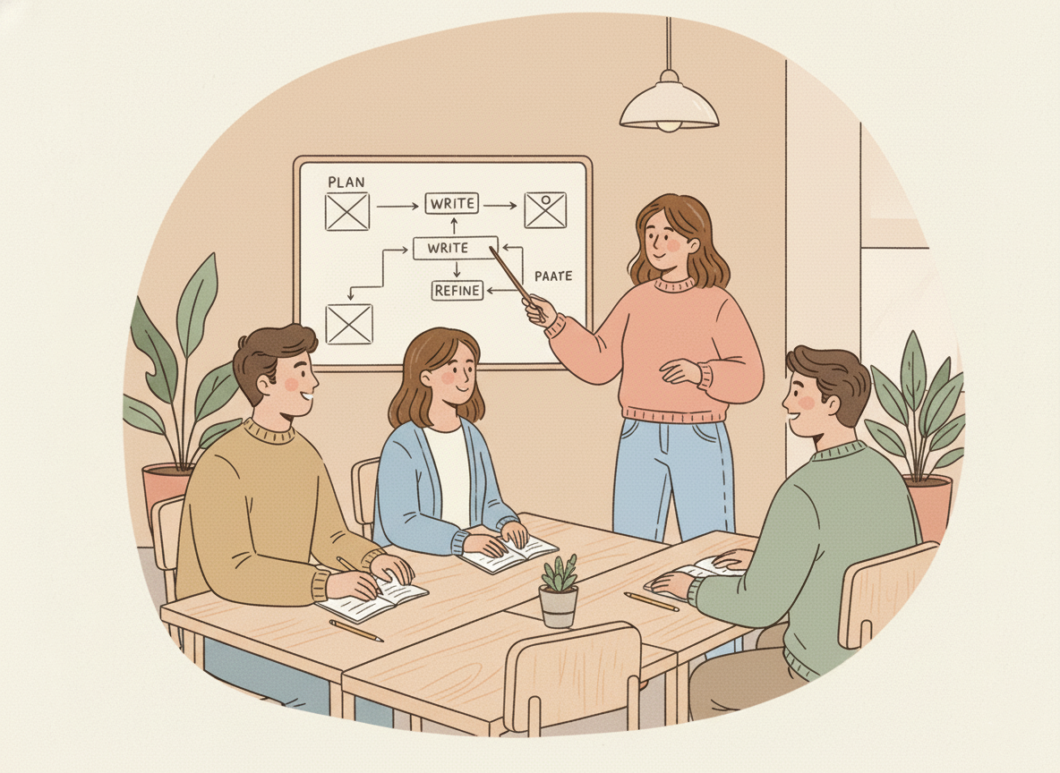 Tereza Franková teaching UX writing workshop to a team around a table with whiteboard showing writing process