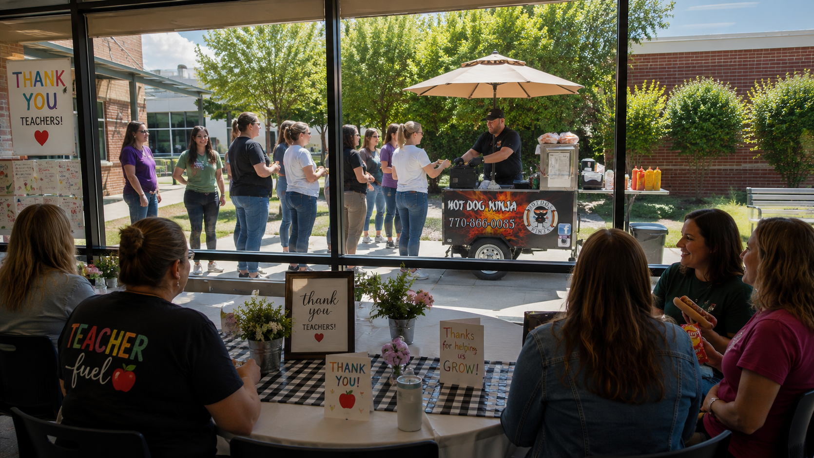 Teacher at chalkboard with students — PTO appreciation event catering