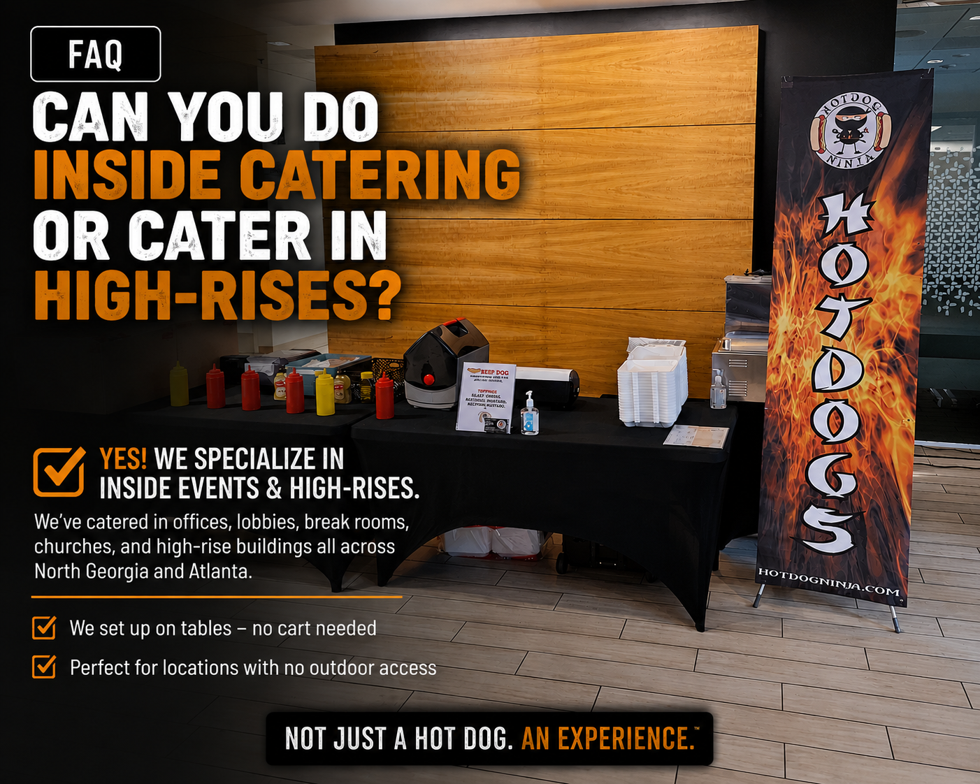 Hot Dog Ninja indoor catering setup at an Atlanta high-rise building