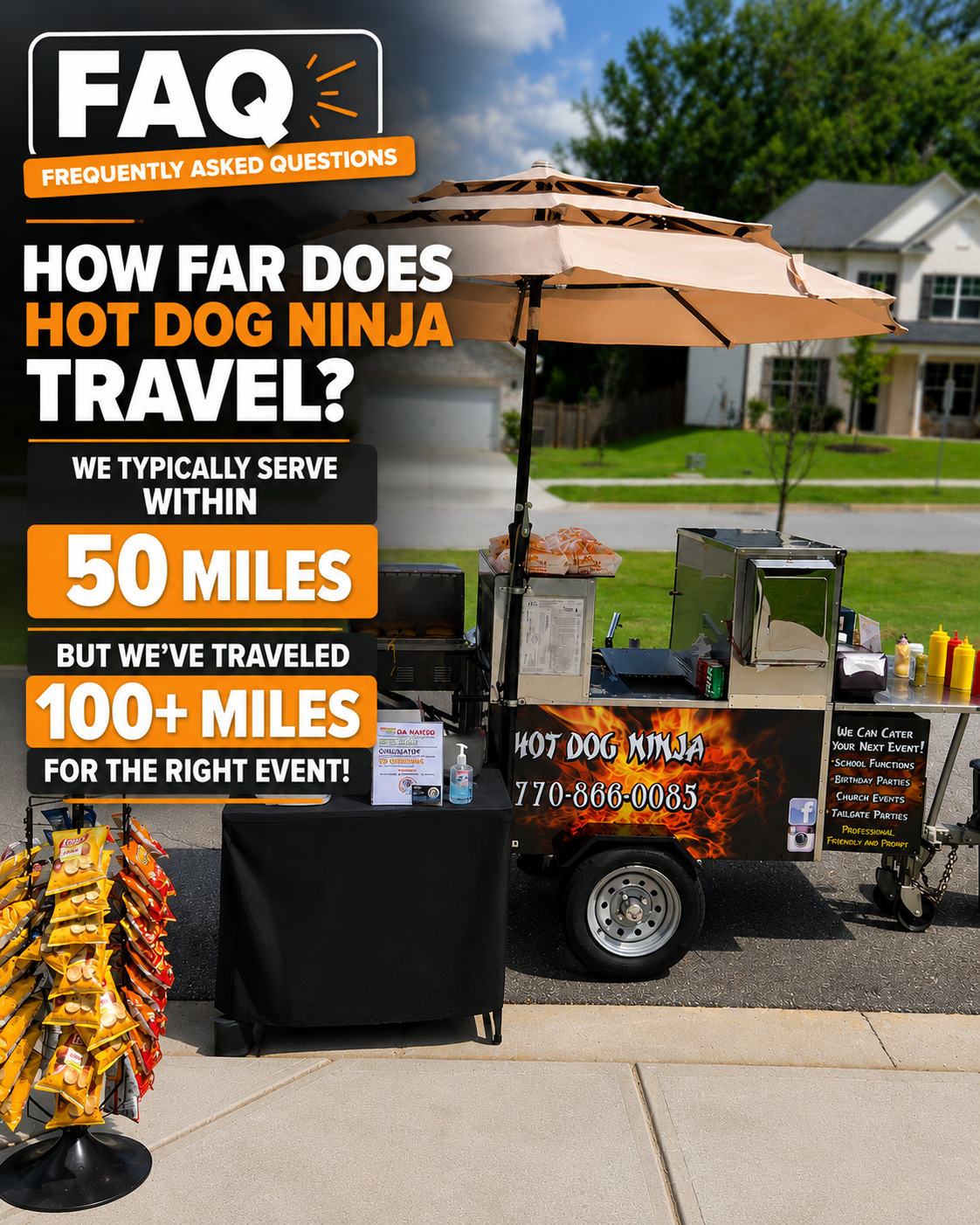 Hot Dog Ninja catering cart with travel area information for North Georgia events