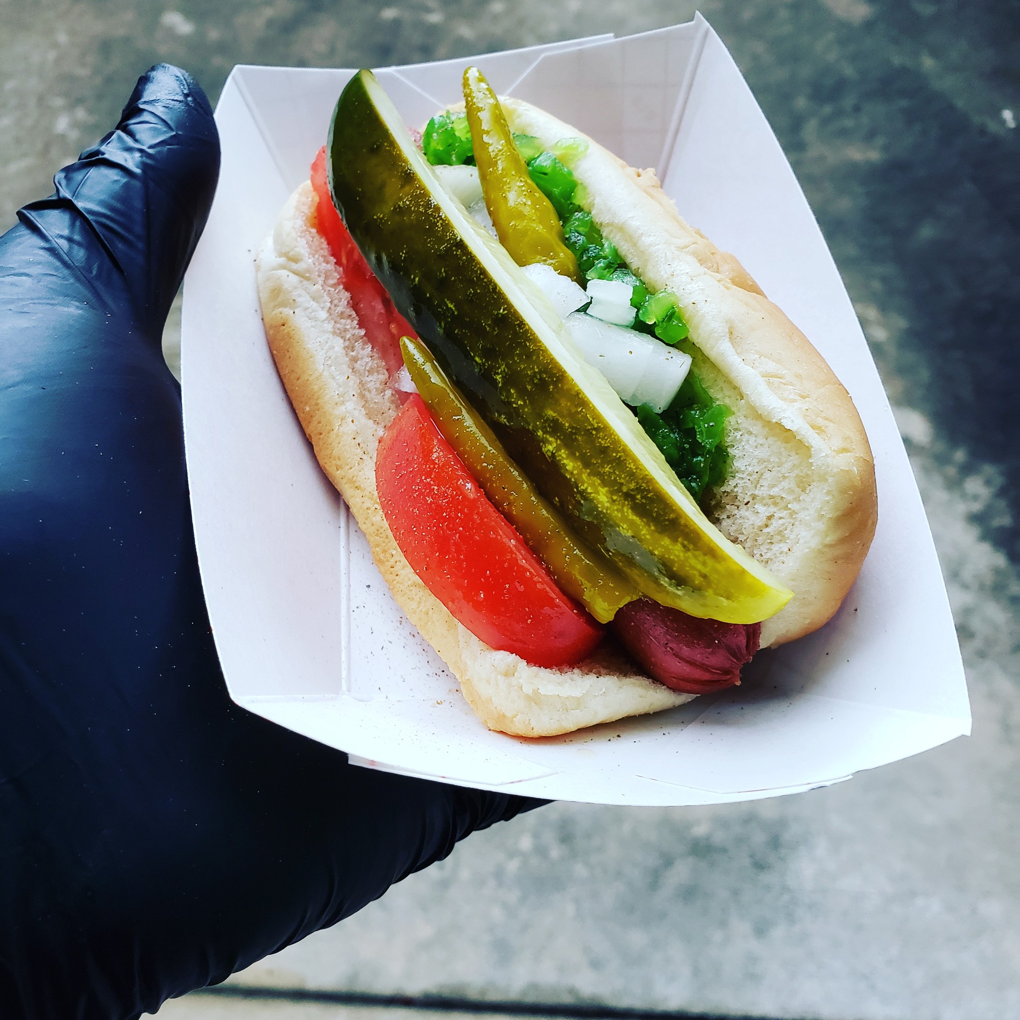 Hot Dog Ninja — Da Chicago style hot dog with pickle spear and tomato