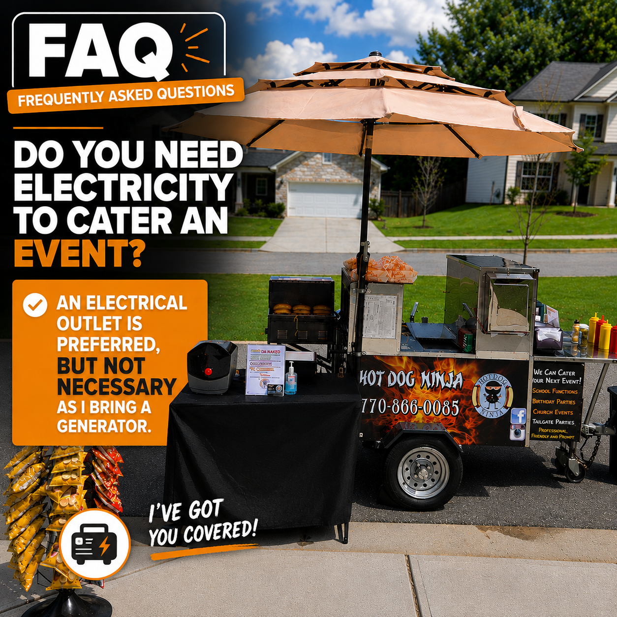 Hot Dog Ninja mobile cart catering setup with a generator for events without electricity