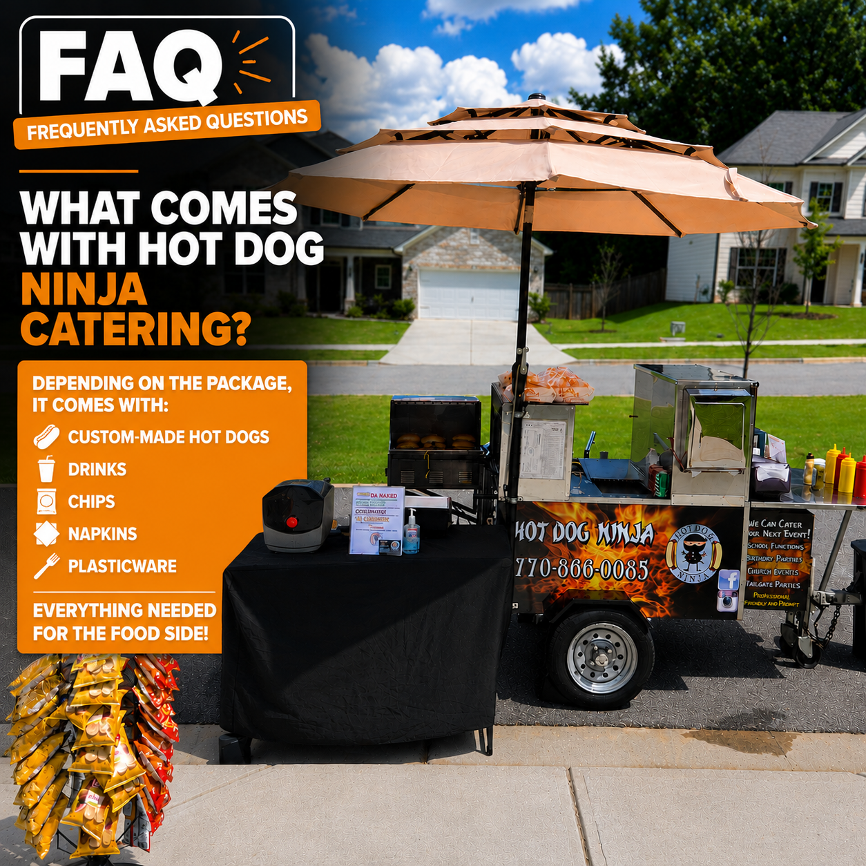 What comes with Hot Dog Ninja catering — custom hot dogs, drinks, chips, napkins, plasticware